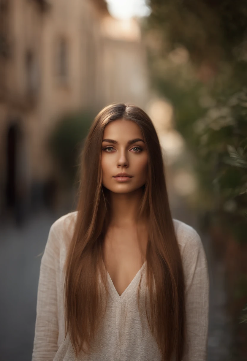 Natural photography of a girl, wearing a loose crop top, leaning over, long straight light brown hair, locks eyes into the camera, symmetrical eyes, symmetrical face, photorealistic, photography, path tracing, specular lighting, volumetric face light, path traced hair, visible shadows, intricate, elaborate, street art background, 8k ,more realistic