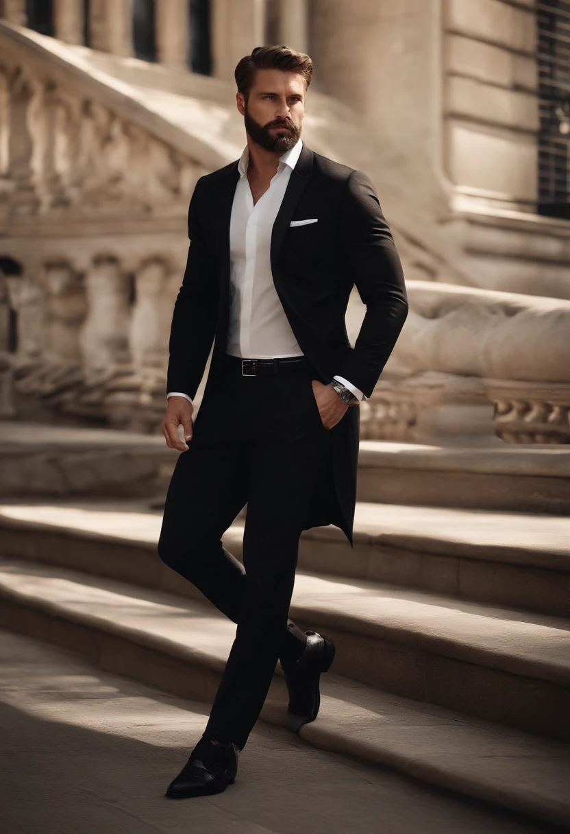 Making a handsome man in his 30s in a black suit and tie, vd, brown hair and beard, (Man in black suit and tie), ), (Using a beard,) Attractive and serious look, short dark hair, Stylish and elegant, Suit-fitting shave and strong body, (High-quality, realistic images), Dark black and light on image background, Film Style, ((top-quality, 8K, masterpiece), Ultra-detailed photography, (beautiful faces detailed, detail skin texture, hyperdetailed body:1.1)