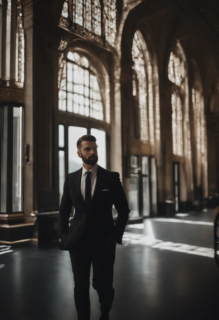 Making a handsome man in his 30s in a black suit and tie, vd, brown hair and beard, (Man in black suit and tie), ), (Using a beard,) Attractive and serious look, short dark hair, Stylish and elegant, Suit-fitting shave and strong body, (High-quality, realistic images), Dark black and light on image background, Film Style, ((top-quality, 8K, masterpiece), Ultra-detailed photography, (beautiful faces detailed, detail skin texture, hyperdetailed body:1.1)