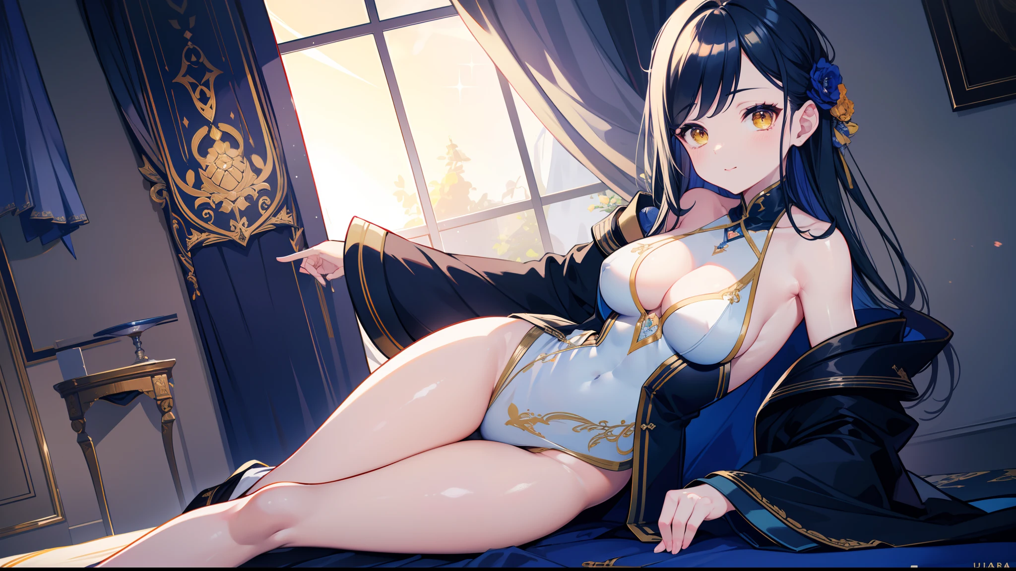 an alone mature girl with long blue and yellow eyes sitting on the bed and spread leg , night, High detail mature face, tie hair on the left side, golden eyes, bare leg, black and white noble priest dress, high res, ultra sharp, 8k, masterpiece, smiling, fantasy world, magical radiance background ((Best quality)), ((masterpiece)), 3D, HDR (High Dynamic Range),Ray Tracing, NVIDIA RTX, Super-Resolution, Unreal 5,Subsurface scattering, PBR Texturing, Post-processing, Anisotropic Filtering, Depth-of-field, Maximum clarity and sharpness, Multi-layered textures, Albedo and Specular maps, Surface shading, Accurate simulation of light-material interaction, Perfect proportions, Octane Render, Two-tone lighting, Wide aperture, Low ISO, White balance, Rule of thirds,8K RAW, Aura, masterpiece, best quality, Mysterious expression, magical effects like sparkles or energy, flowing robes or enchanting attire, mechanic creatures or mystical background, rim lighting, side lighting, cinematic light, ultra high res, 8k uhd, film grain, best shadow, delicate, RAW, light particles, detailed skin texture, detailed cloth texture, beautiful face,
(masterpiece), best quality, expressive eyes, perfect face,
