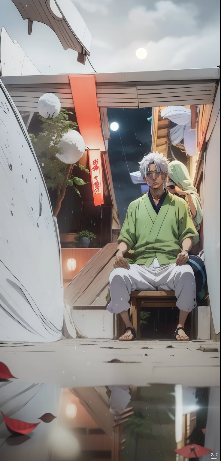 Gojo satoru. Full moon. Mid night. Rainy whether. Blue eyes. Long white hair like kakashi hatake
