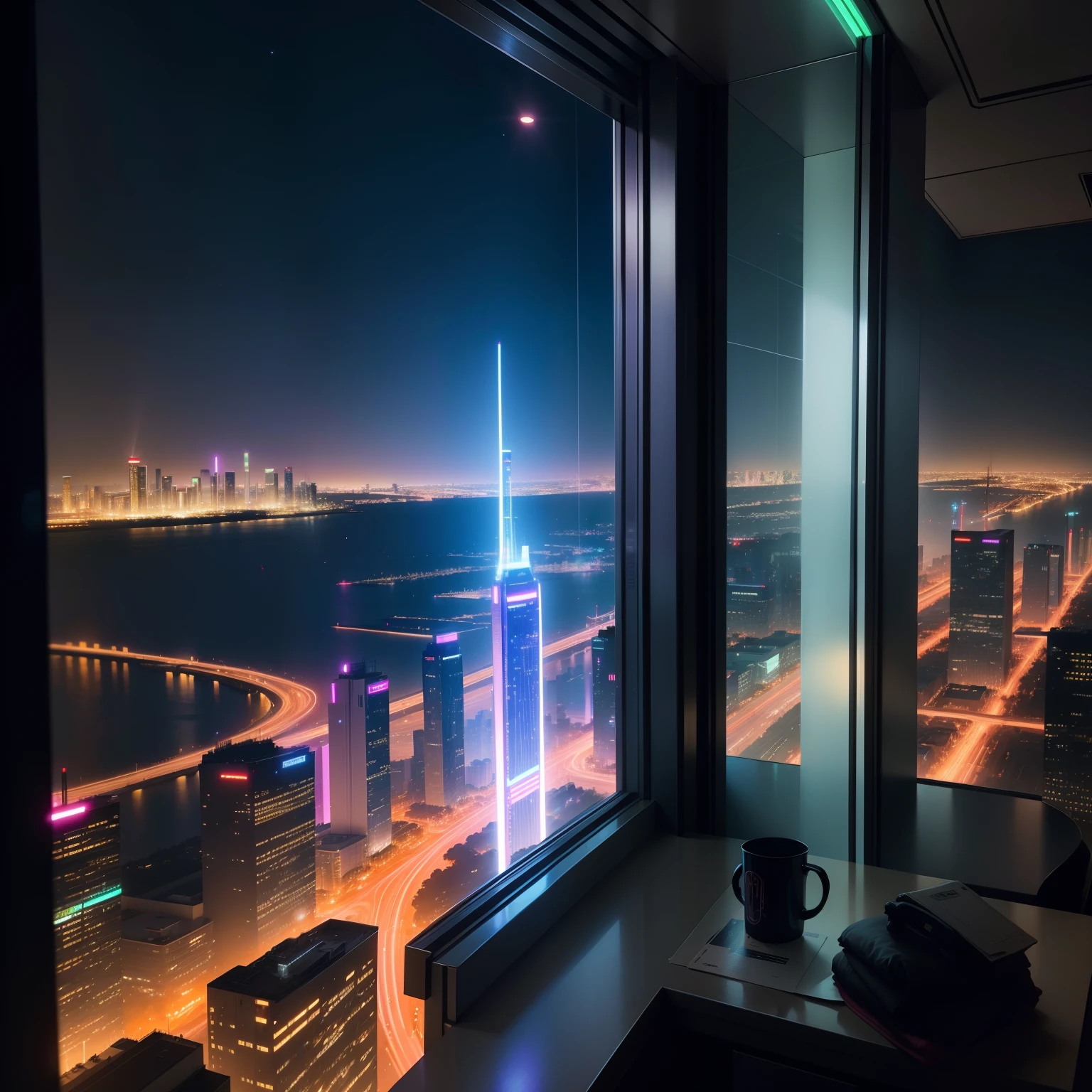 Cyberpunk view from a high-rise hotel room、beautiful night scene、neons、epcot、SFart by、top-quality、masterpiece、超A high resolution、Future Hotel、HD Images、Megacities