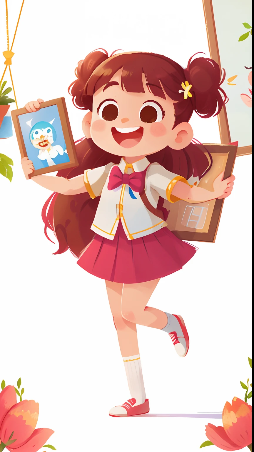 happy smiling students is standing holding a beautiful picture frame above her head, full body ((white background))