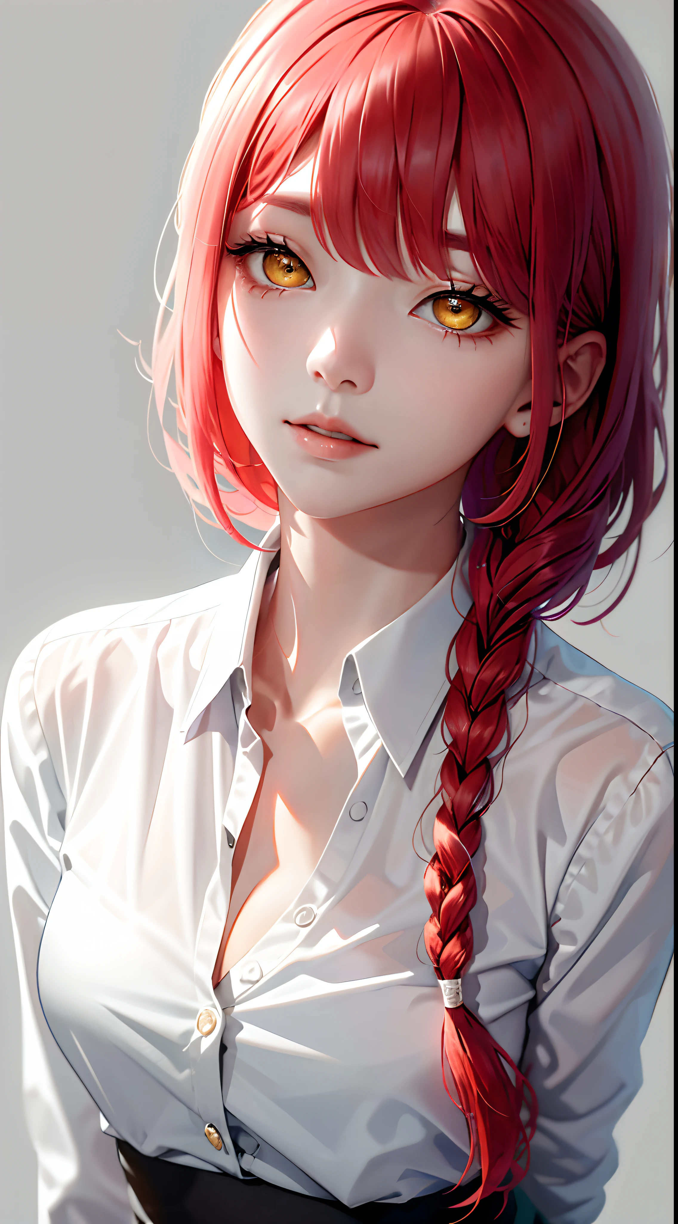 tmasterpiece,(真实感:1.4),best qualtiy,(cleavage:1.3),beautiful light up,(Ulzzang-6500:0.5),makima \(chainsawman\),(red hair)+(long braid)+(By bangs),Yellow eyes,Golden eyes, ((eye socket)), (white shirt), (tiese), RAW photos, 8K UHD, filmgrain