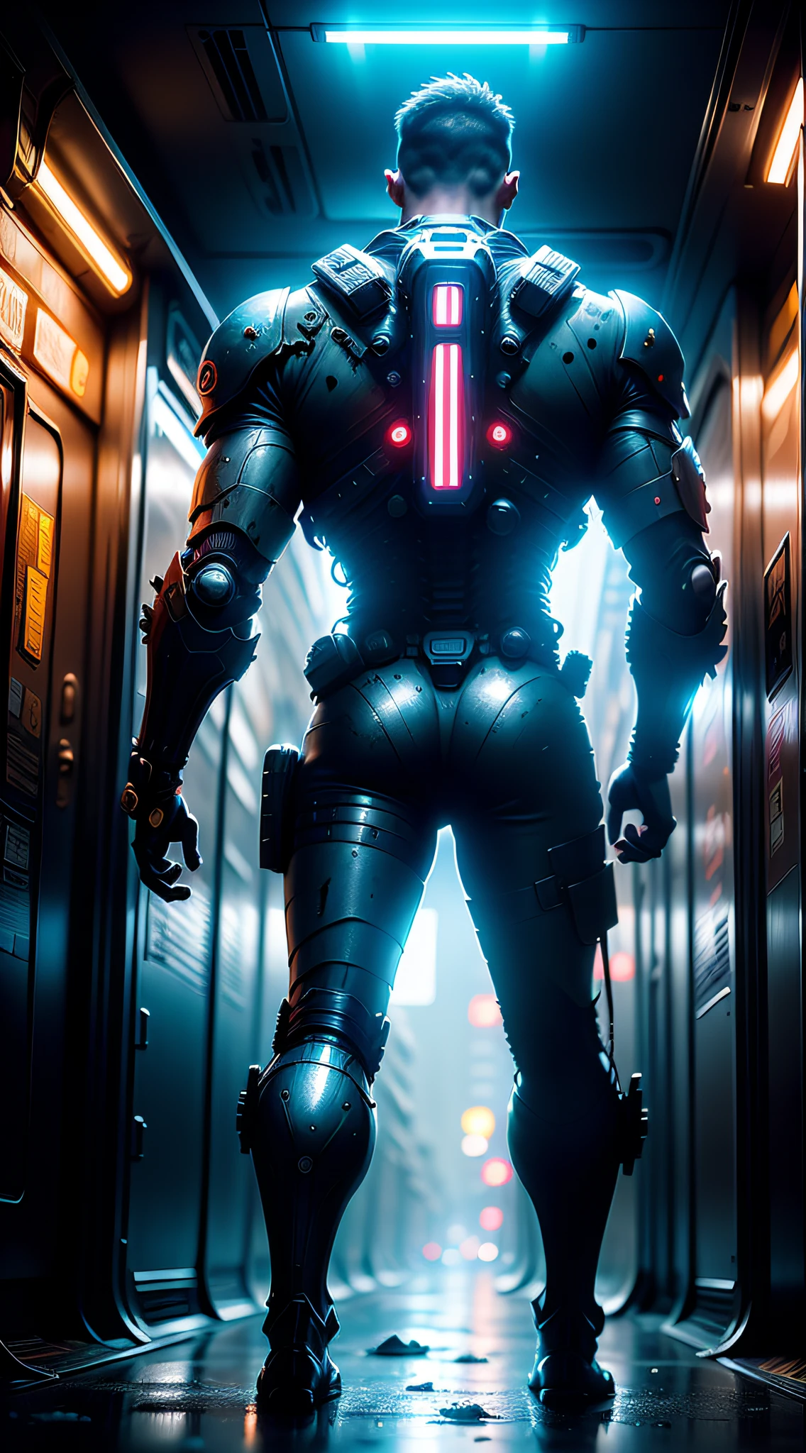 ((Full camera framing)), (((wasteland))), (Calles rotas), (((A man standing with his back to the camera, He wears a biomechanical suit and with a sword in his hand))), (luz corta), (Puente roto), barras de acero, (((air rail cars))), scattered power lines, electric sparks, tattered future vehicles, Vertederos, ((Agua estancada en la playa)), Rocas, ((Malezas densas)), (humo de polvo denso), ((ruined neon lights)), nubes espesas, ((Vista nocturna)), alta calidad, (super fine) , (Luz detallada), Detallado, preciso, 16K resolution, Obras maestras, (cinematic lighting), (Estilo cyberpunk), dynamic perspective