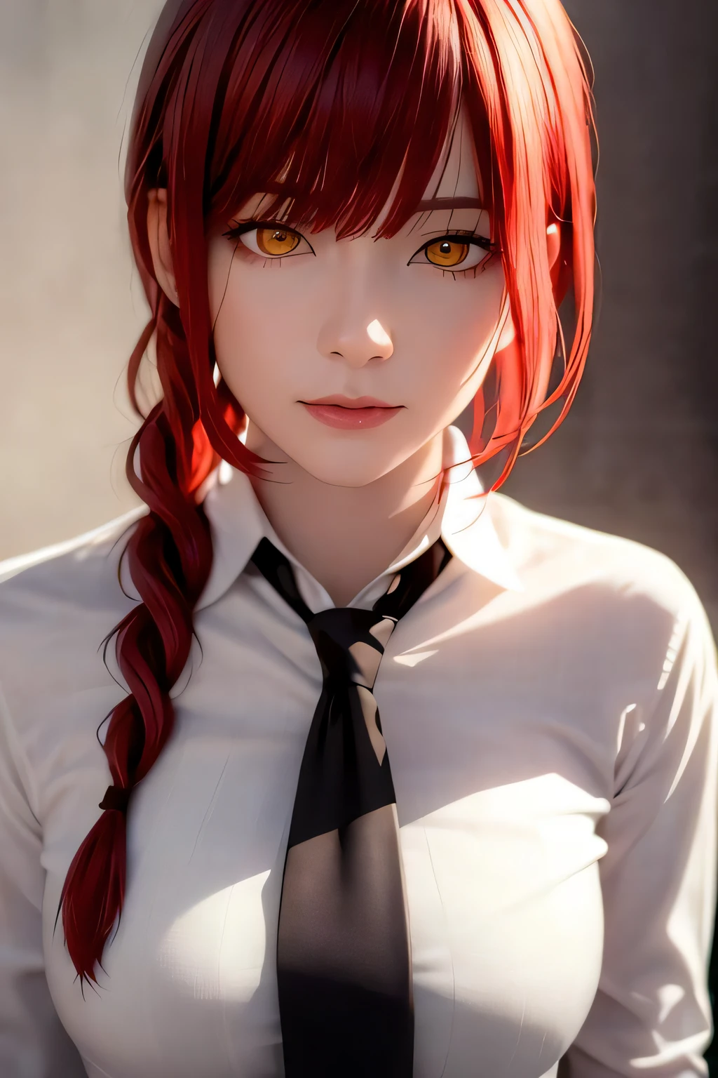 masterpiece, (photorealistic:1.4), best quality, beautiful lighting, (ulzzang-6500:0.4), makima \(chainsaw man\), (red hair)+(long braided hair)+(bangs), yellow eyes, golden eyes, (ringed eyes), (white shirt), (necktie), RAW photo, 8k uhd, film grain