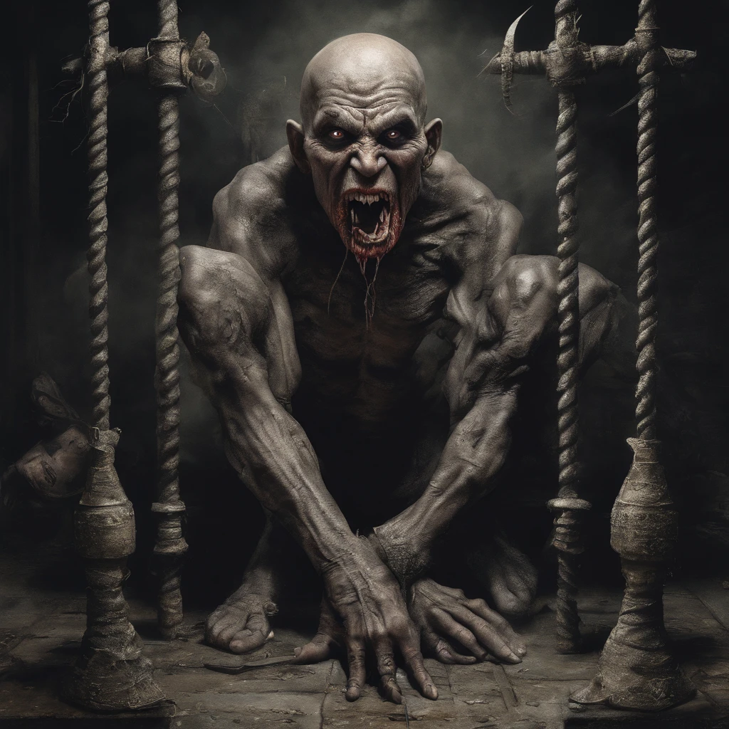 (In this dark and scary place, Evil spirits are imprisoned and suffer unbearable pain. Their mouths are pierced with steel needles or spikes, Their tongues are been, Make them unable to speak or make any sound. The demons and minions of hell use various torture tools to torture them, Let them experience endless despair and pain:1.2)，symetrical composition, magnificent scale, strong use of negative space, facing up, one-point perspective, Realistic hyper-detail, 8K, k hd