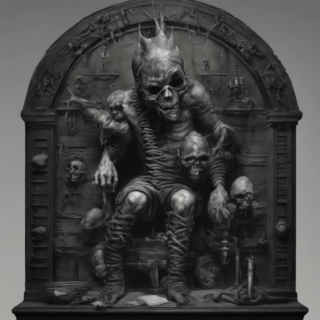 (In this dark and scary place, Evil spirits are imprisoned and suffer unbearable pain. Their mouths are pierced with steel needles or spikes, Their tongues are been, Make them unable to speak or make any sound. The demons and minions of hell use various torture tools to torture them, Let them experience endless despair and pain:1.2),symetrical composition, magnificent scale, strong use of negative space, facing up, one-point perspective, Realistic hyper-detail, 8K, k hd