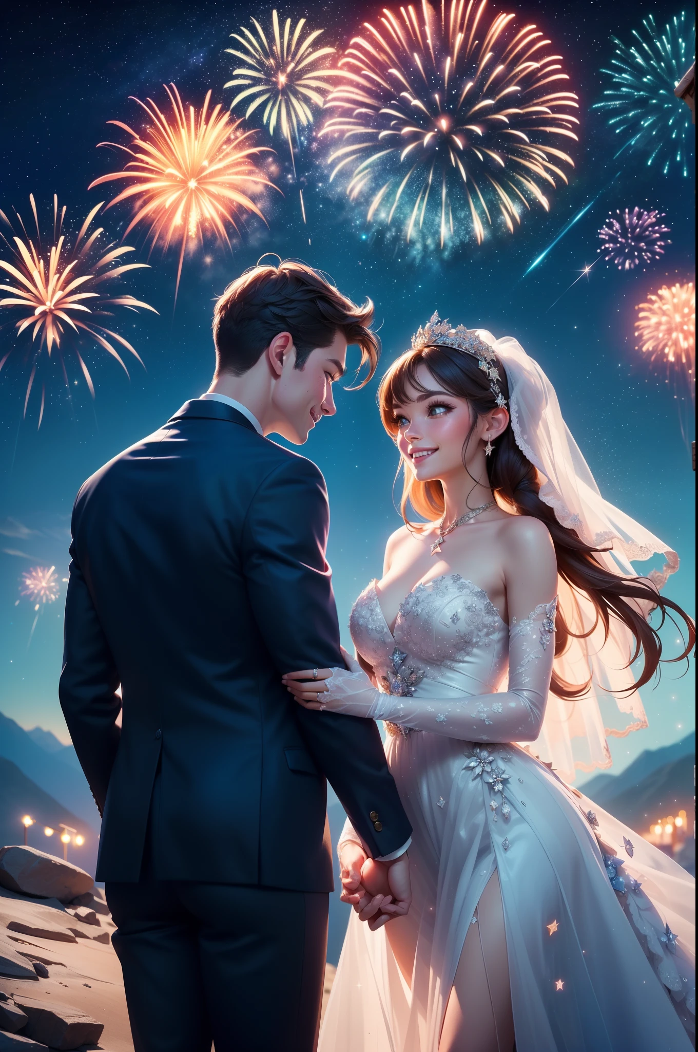 ((Best quality, A high resolution, Masterpiece:1.2)), (Romantic), (newlyweds:1), (Happy smile),Delicate facial features, Clear facial features, Optimized details,(Stargazing at the top of the mountain), (Spectacular sky fireworks display), (Colorful fireworks), (Giant fireworks), (Wedding dress), (suit), (glittering stars:1.5), Romantic couple photo, cinematic Film still from.
