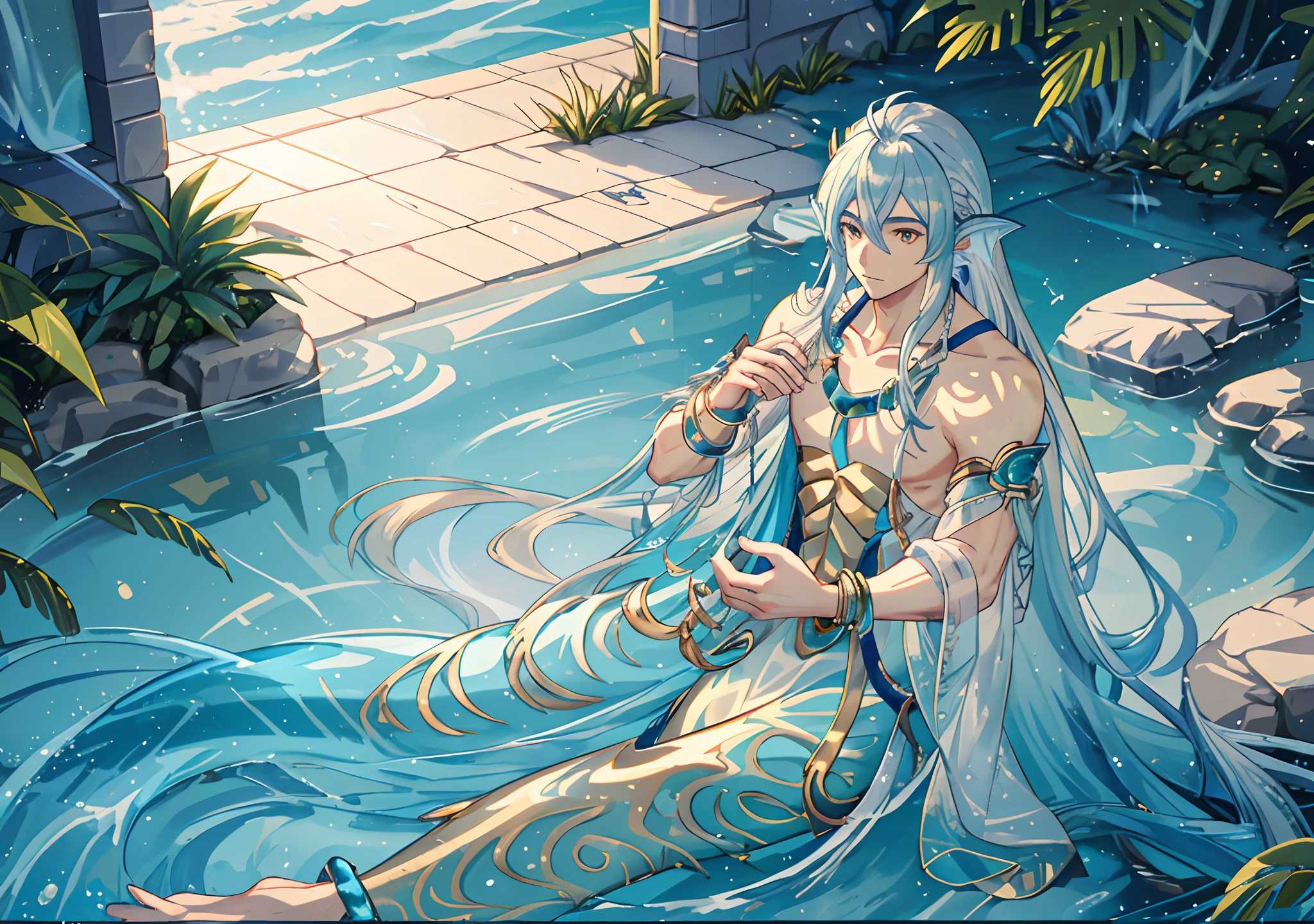 A mature male Chinese merman is depicted in anime style, with beautiful big aqua ear fin, aqua fins attached on hands, long golden fish tail, golden eyes, silver hair, long silver hair, holding a big golden triton, wearing a golden crown with shining jewelry, water splashing background, he is a merman not a human,1boy,male,golden mermaid