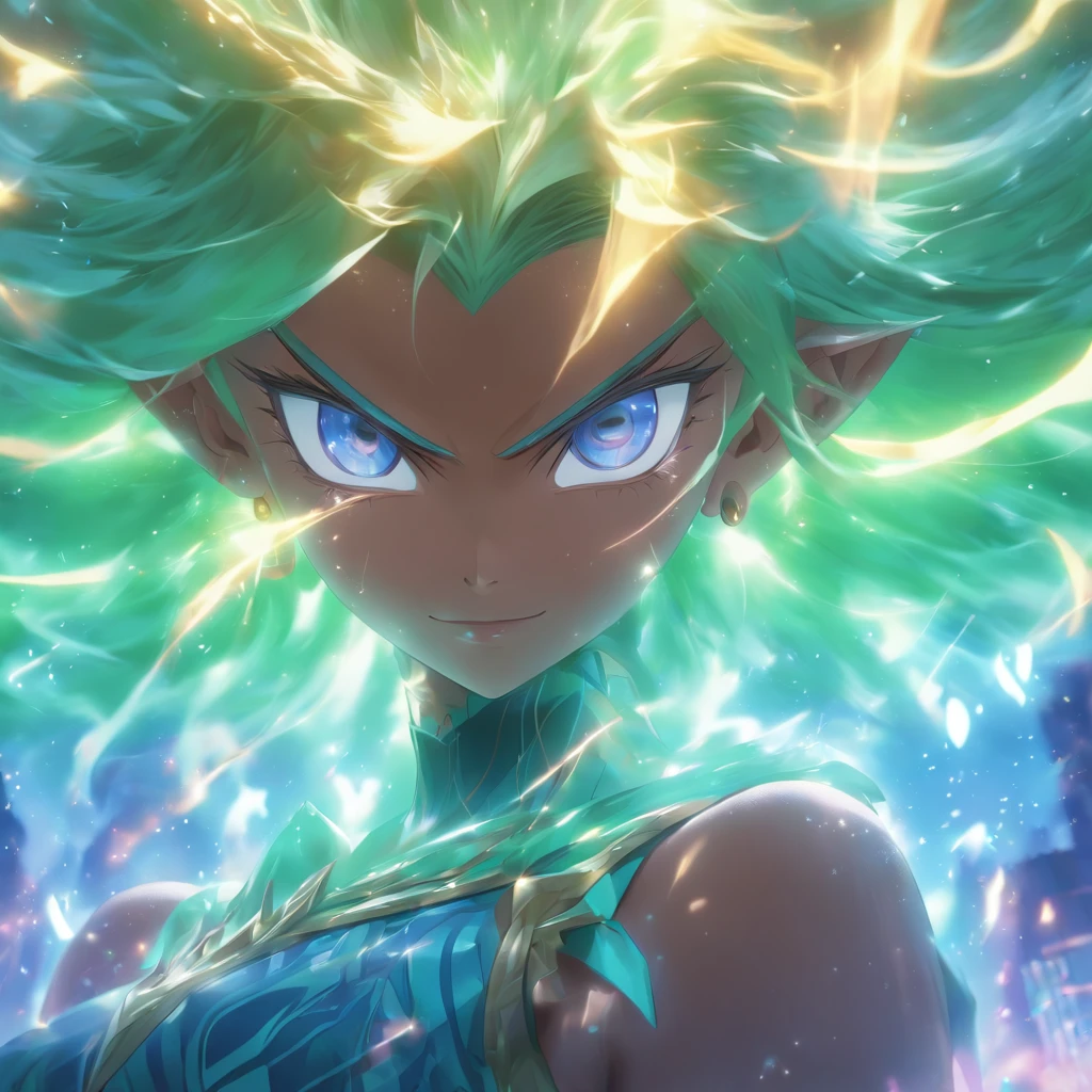 Dark Magician Girl、MKSKS style、1 persons、(highly detailed back ground:1.0)、(highly detailed back ground:1.0)、​masterpiece、top-quality、超A high resolution、8K、Full Shot、Rotate diagonally、Break HA、(1/2 pale green and 1/2 Golden brown hair)、BREAK、Detailed skin、glowy skin、(A detailed eye、Blue eyes、big eye:1.2)、Burning cheeks、(Smirk:1.3)、Large breasts、Break HA、(sports wear:1.6、Detailed clothing)、(Sky City:1.3、on clouds:1.1)、(Daytime:1.3)