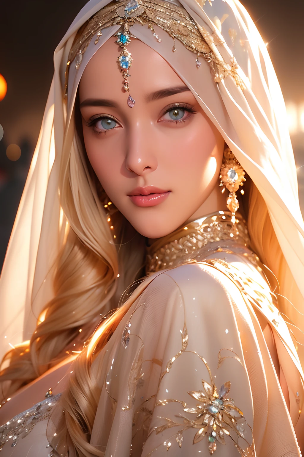 Très belle femme européenne cheveux blonde Face portrait zoom sexy face sexy eyes sexy Mouth glowing crystal eyes hyper realistic super detailed Dynamic shot master piece scene cinématique of woman wearing Islamic caftan marocain