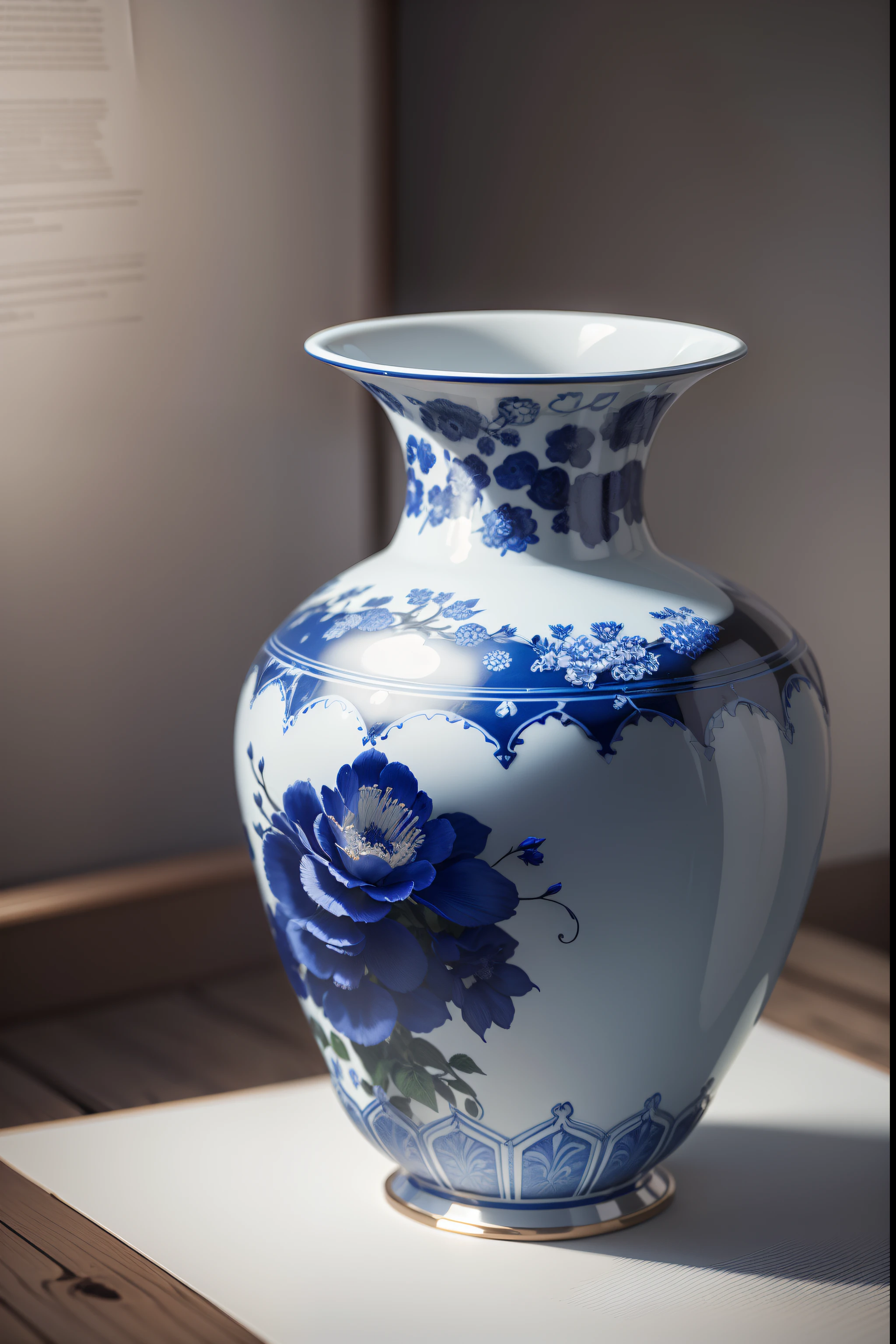 There is a blue and white porcelain vase on the table，hyper realistic detailed rendering, highly detailed render, detailed archviz render, super detailed render, photorealistic details content, 8k vray render, Realistic shadows and lighting, highly detailed perfect render, rendered in povray, vray 8k render, very detailed render, rendered in renderman