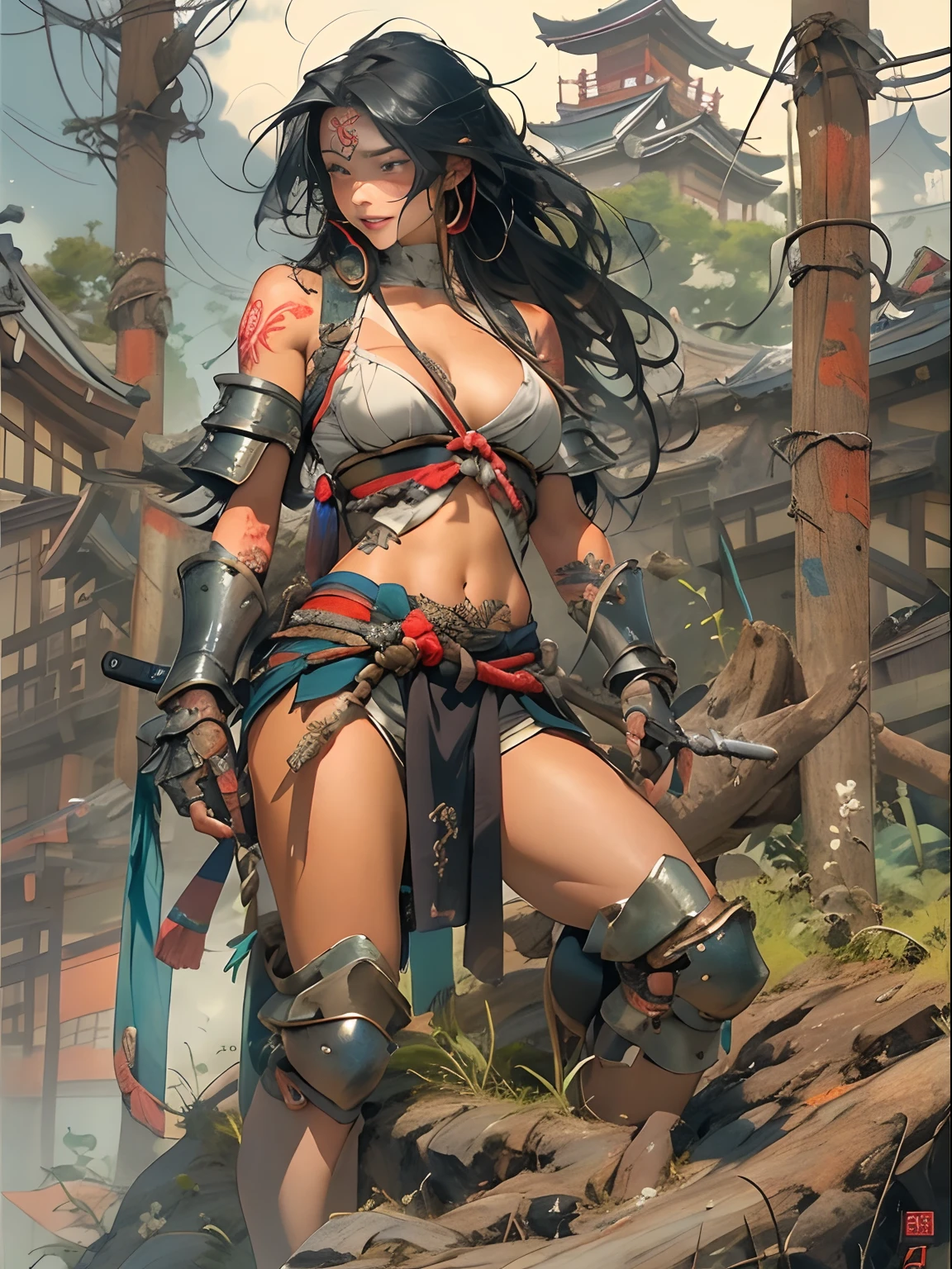 (((woman))), (((best qualityer))), (((tmasterpiece))), (((AS-Adult))), ((( Japanese ))), Look up from your knees, A beautiful asian samurai woman with perfect body, Modern samurai, ((( Asian))), Wear gloves on your hands,The left arm is made of steel and metal tips,Made of protective devices, The eyes are pulled, (( Appears below the breast )), (( Small dental floss )), Simon Bisley, Almost naked(Simon Bisley)Castle City Wilderness,For high-resolution posters, hair straight, Minimum clothing, armure (Crazy clothes ), Full of tips and rivets, tribal tattoos, (((full bodyesbian))), Straight brunette hair,Colored hair ends