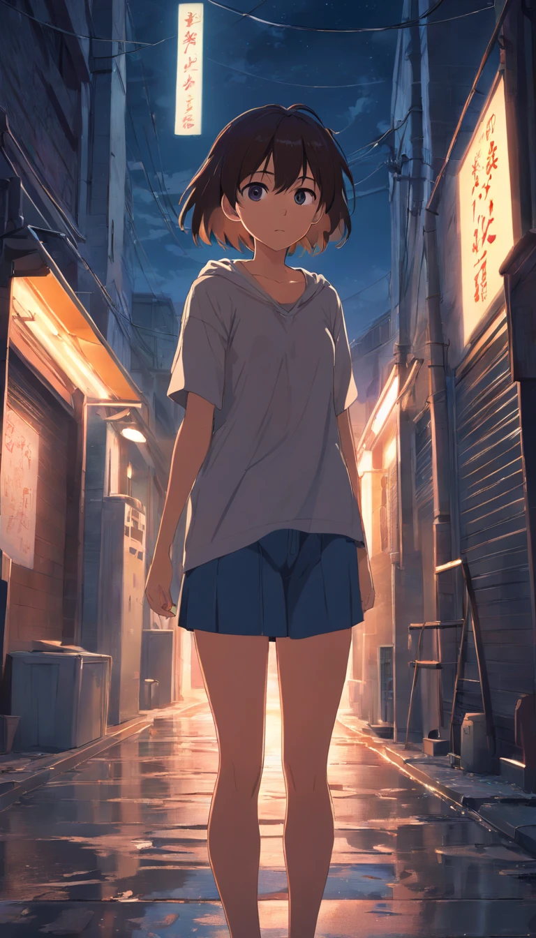 k hd，dream magical，scenecy，sima, completely naked, , naked, , , flat chest, small breasts, loli, young, dark, dim, black hair, hair covering eyes, creepy, messy hair, creepy room, standing, angry, mad, anger, hair over eyes, hair covering eyes, scowl, rage, alley, night time, dark street (masterpiece,detailed,highres),