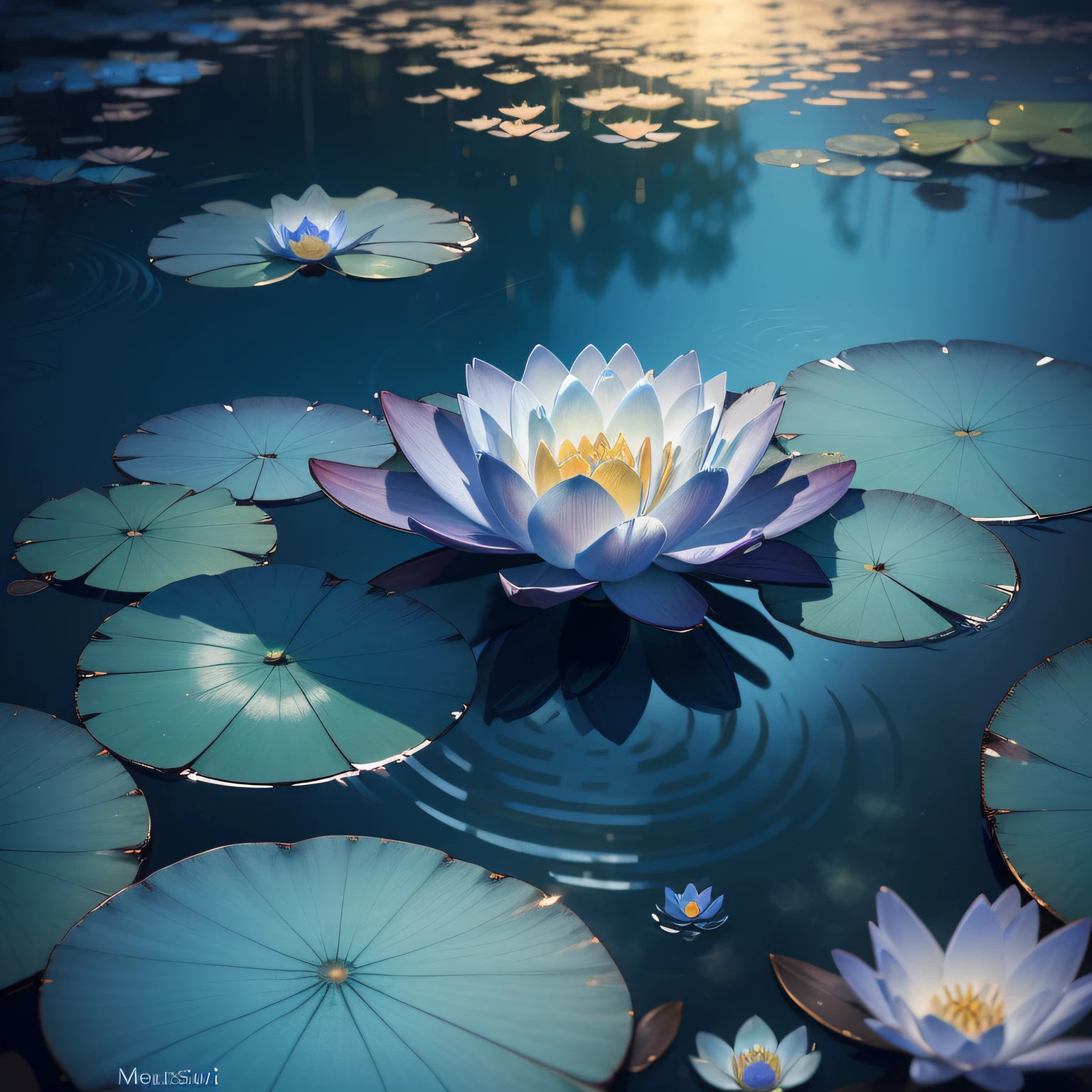 (Best Quality,hight resolution,masutepiece:1.2),Ultra-detailed,Realistic,Photorealistic:1.37, underwater scene, Beautiful blue water lilies floating on the surface of the water, Bright petals bloom, Starry sky in the background, Moonlight on still water, Magical atmosphere, Sparkling reflection in the water, Delicate ripples created by lilies, Calm and dreamy, The perfect blend of nature and imagination, Surreal colors and textures, Intricate details of the flower and its surroundings, Ethereal and seductive, A masterpiece of aquatic beauty.