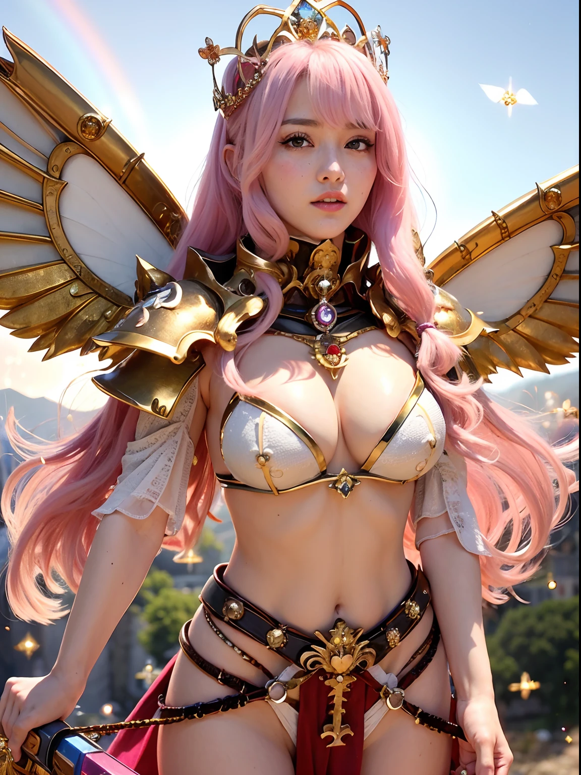 (A smile), Professional , ​masterpiece、top-quality、photos realistic , depth of fields （Gemstone White Metal Body:1.９),(Matte White Pink、Jewel Gold Weapon、（Gorgeous castle background）、（ultimate beauty girl）、（Rainbow fairy wings grow）、Particles of light、（Metal body of iridescent gemstones:1.９),Gorgeous Jewel Metal Weapons ,（maikurobikini）、 Detailed Sword of the Brave ,（ Pink hair）   ,warhammer 40k , adepta sororitas,Detail and ornate jewel crown、独奏、Brown hair、Mystical expression、cleavage of the breast、（Gangle's forest background）、Beautiful Caucasian beauty、１a person、dynamic ungle,(((Diamond tiara with detail and luxury)))、a small face、Powerful poses、（Gorgeous castle background）、huge filesize、A teenage girl、Stand in the center of the screen、Thin female fingers、Straight long hair、Beautiful Caucasian beauty、（maikurobikini）、Hair fluttering in the wind、Look at viewers、（Armpit）、Toostock、