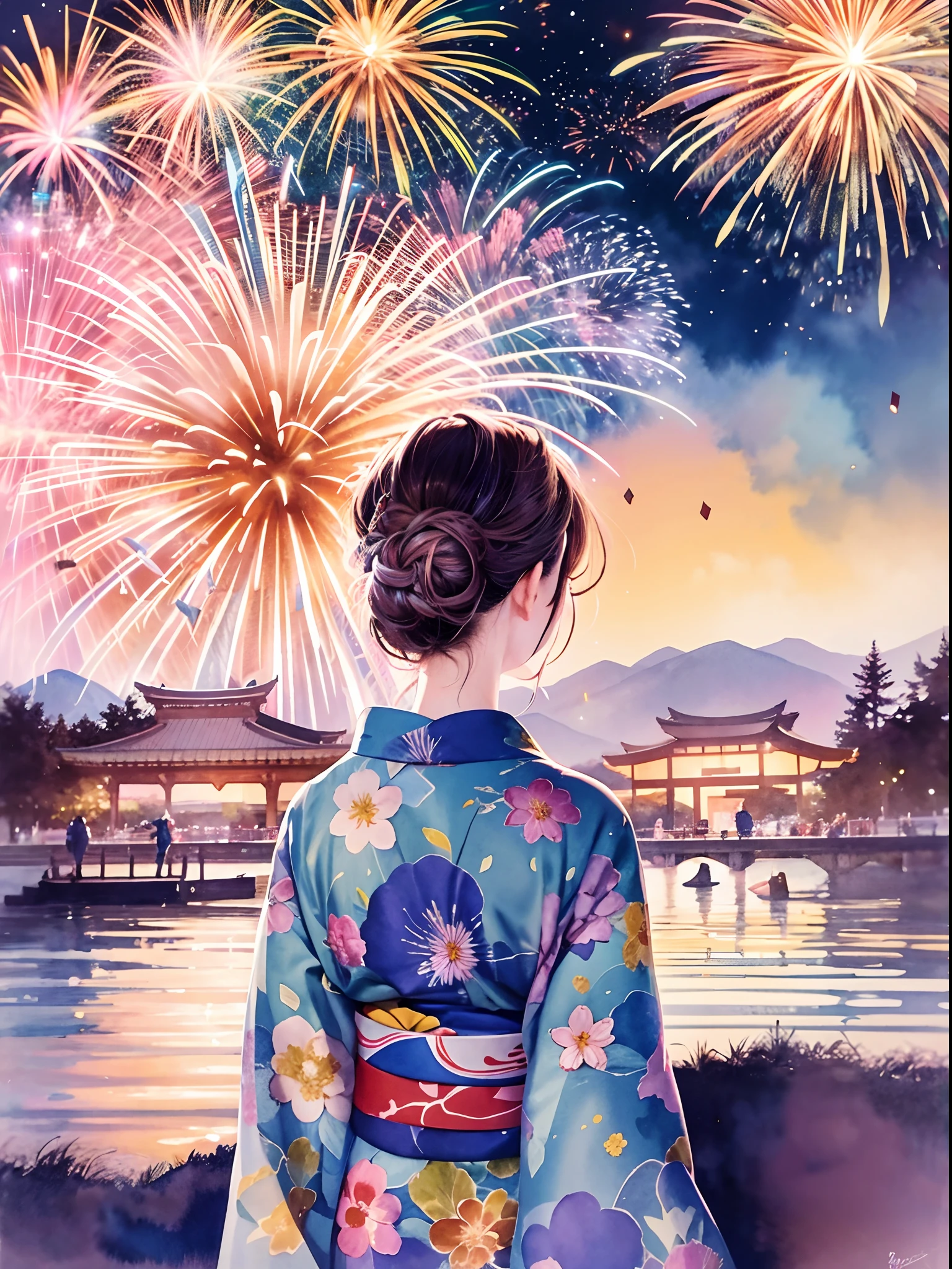 A modern watercolor painting of a beloved wife in yukata, looking at a fireworks festival. The scene is romantic and enchanting, with very large and vivid fireworks in the sky. The wife is beautiful and graceful, with a gentle expression and a flower in her hair. The painting captures the love and admiration of the husband who took the picture.