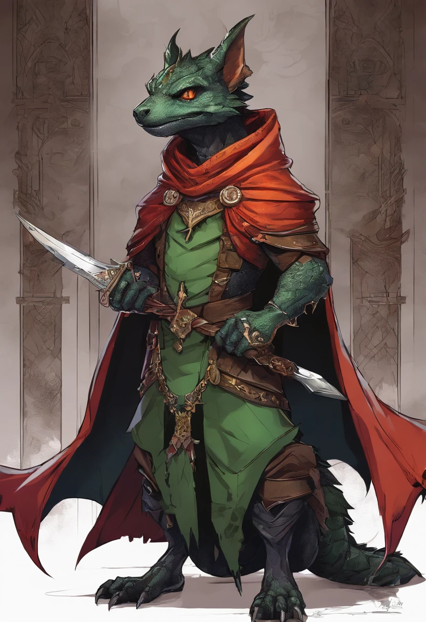 (((by Zackary911, by Kenket, by Kilinah))), solo male, bright orange skin, orange scales, (((Kobold)), (detailed kobold)) wearing a red cloak with a hood, green gem on the collar, bandaged thighs and bandaged chest, muscular toned, squirrel ears, kobold tail, messy hair, front view, looking at the observer with an embarrassed smile, blush, holding a dagger, perspective, finely detailed paws,