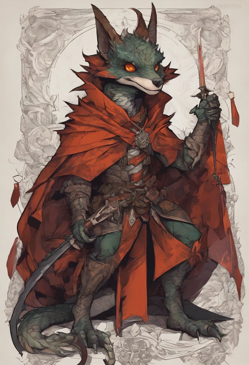 (((by Zackary911, by Kenket, by Kilinah))), solo male, bright orange skin, orange scales, (((Kobold)), (detailed kobold)) wearing a red cloak with a hood, green gem on the collar, bandaged thighs and bandaged chest, muscular toned, squirrel ears, kobold tail, messy hair, front view, looking at the observer with an embarrassed smile, blush, holding a dagger, perspective, finely detailed paws,