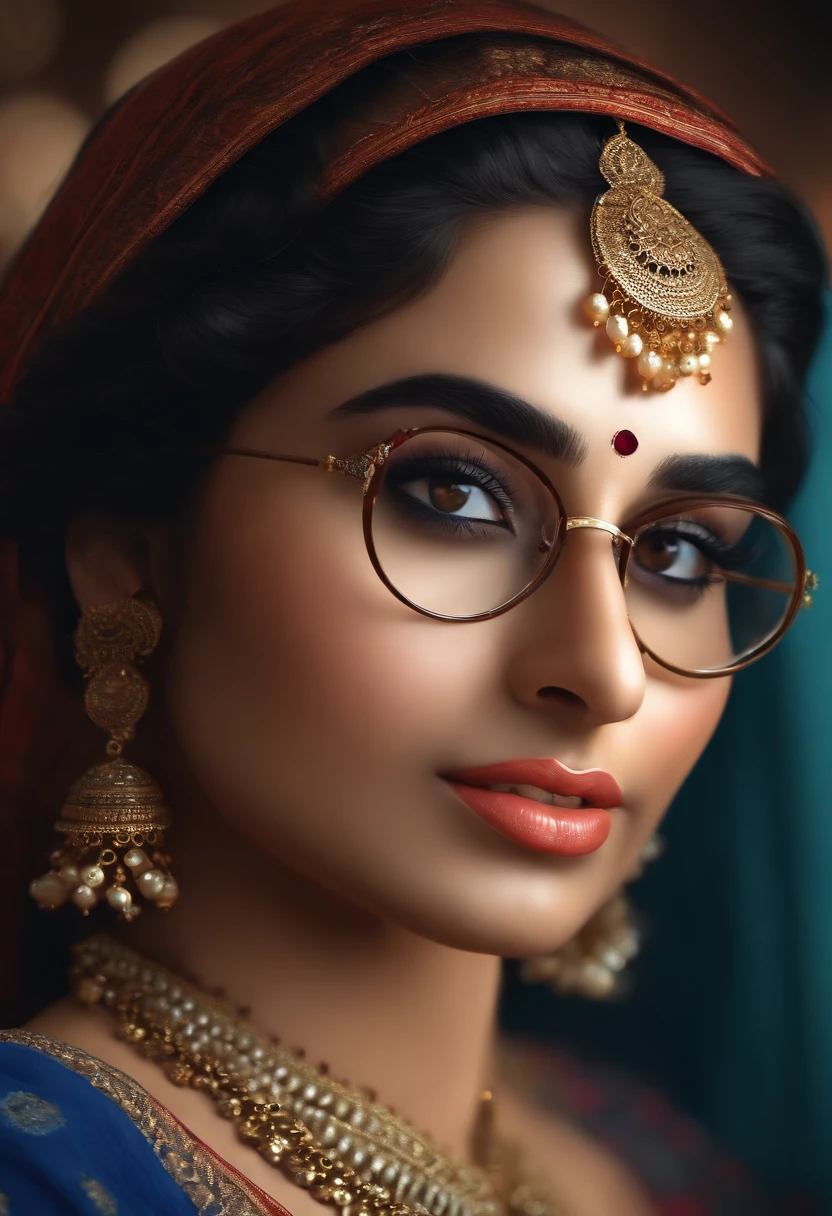 (best quality,4k,8k,highres,masterpiece:1.2),ultra-detailed,(realistic,photorealistic,photo-realistic:1.37),round face girl,beautiful detailed eyes,beautiful detailed lips,extremely detailed eyes and face,long eyelashes,round specs,wearing blue kurta and jeans , short hairs