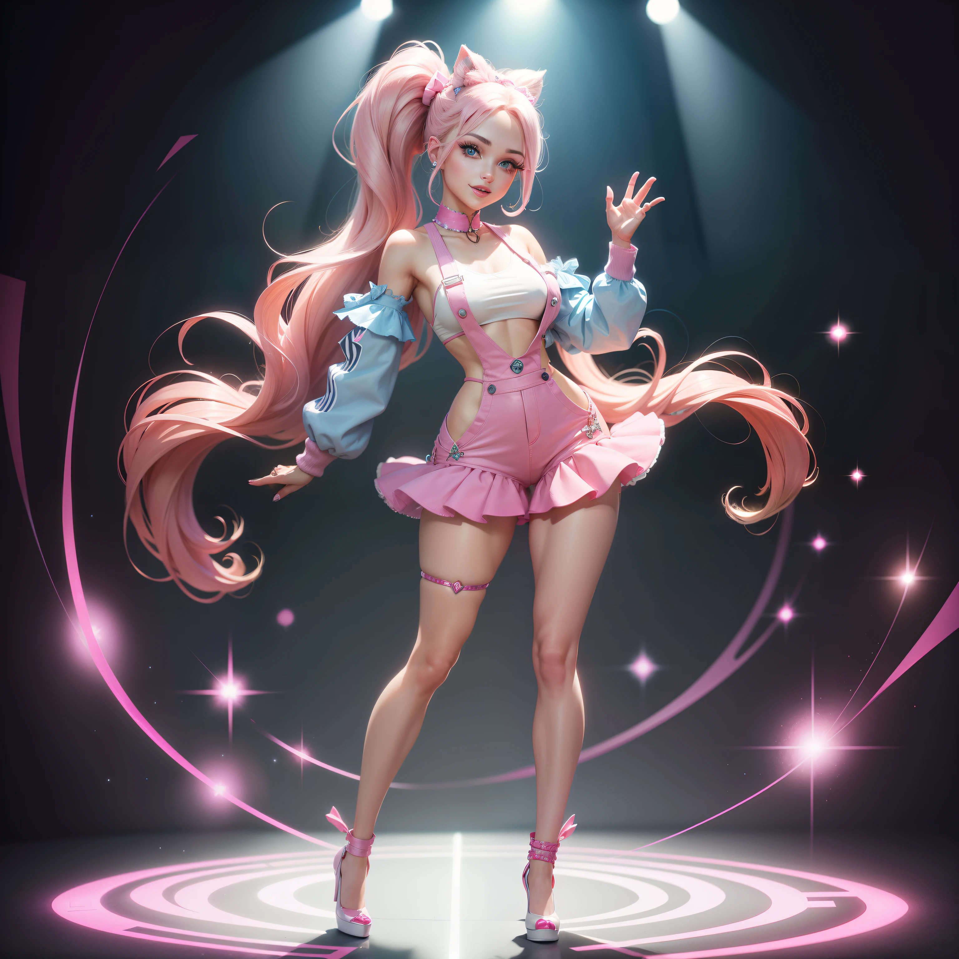 Barbie, ((Full body)), Blue eyes, Smiling face, Hair loss swaying in the wind, Hip Hop Singer Pose, Dressed in hip-hop style, Wear pink overalls that reflect light,swarovski,pasties,With a pink bow on the arm, Fashion, Extremely high quality, high details, 8K, clean back ground, in studio, ((Full body shot)),Align your fingers neatly,Accurate Hand Modeling,wave her hand,