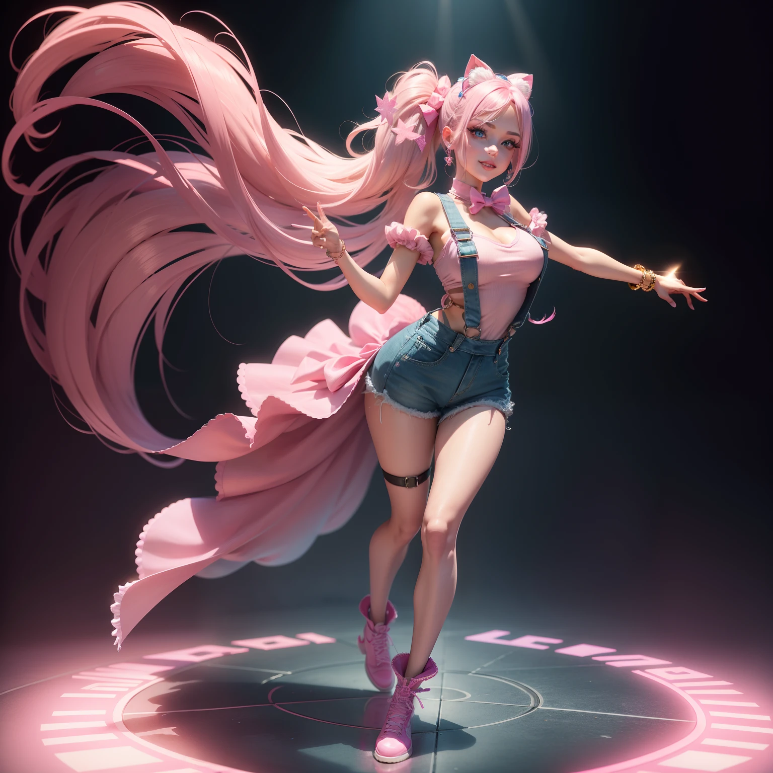 Barbie, ((Full body)), Blue eyes, Smiling face, Hair loss swaying in the wind, Hip Hop Singer Pose, Dressed in hip-hop style, Wear pink overalls that reflect light,swarovski,pasties,With a pink bow on the arm, Fashion, Extremely high quality, high details, 8K, clean back ground, in studio, ((Full body shot)),Align your fingers neatly,Accurate Hand Modeling,wave her hand,