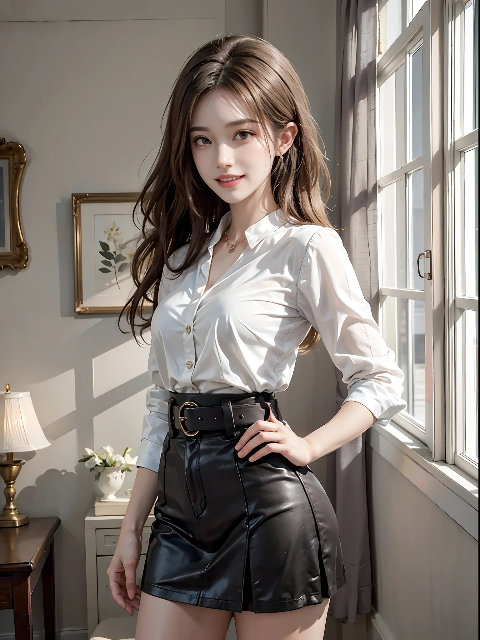 ((full body)), ((from side)), ((realistic)), 1girll, interior scenes, (Standing posture), Pleasing posture, Eye-catching poses, pretty legs, looking at viewert, Detailed scenes, curlies, Air bangs, Beautiful hair accessories, Brownish-yellow hair, light make-up, Blushlush, Gloss on lips, ((White color blouse, DEEP-V COLLAR, Short black high-waisted skirt, Nice belt)), (Campus style), warm lights, a warm color palette, Detailed details, ultra-detailliert, (tmasterpiece, best qualtiy), (An extremely delicate and beautiful work), Delicate earrings, Delicate necklace, Simple blurred background, Extreme detail description, Ultra-fine painting, Delicate face, slim toned body, Slimming the waist, (grin, happy grin, Baring teeth), (anatomy correct)