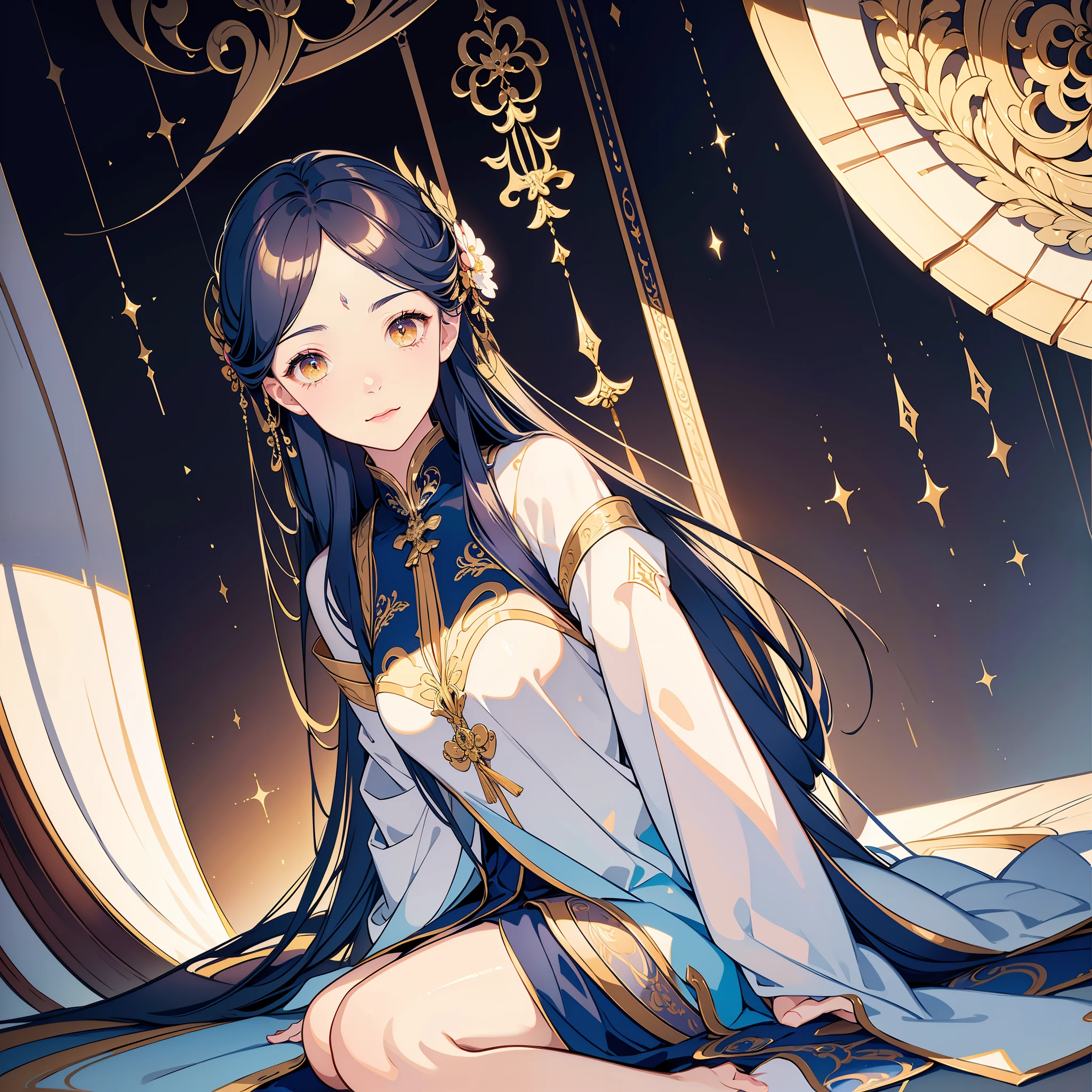 an alone mature girl with long blue and yellow eyes sitting on the bed and spread leg , night, High detail mature face, tie hair on the left side, golden eyes, bare leg, black and white noble priest dress, high res, ultra sharp, 8k, masterpiece, smiling, fantasy world, magical radiance background ((Best quality)), ((masterpiece)), 3D, HDR (High Dynamic Range),Ray Tracing, NVIDIA RTX, Super-Resolution, Unreal 5,Subsurface scattering, PBR Texturing, Post-processing, Anisotropic Filtering, Depth-of-field, Maximum clarity and sharpness, Multi-layered textures, Albedo and Specular maps, Surface shading, Accurate simulation of light-material interaction, Perfect proportions, Octane Render, Two-tone lighting, Wide aperture, Low ISO, White balance, Rule of thirds,8K RAW, Aura, masterpiece, best quality, Mysterious expression, magical effects like sparkles or energy, flowing robes or enchanting attire, mechanic creatures or mystical background, rim lighting, side lighting, cinematic light, ultra high res, 8k uhd, film grain, best shadow, delicate, RAW, light particles, detailed skin texture, detailed cloth texture, beautiful face, 
(masterpiece), best quality, expressive eyes, perfect face,