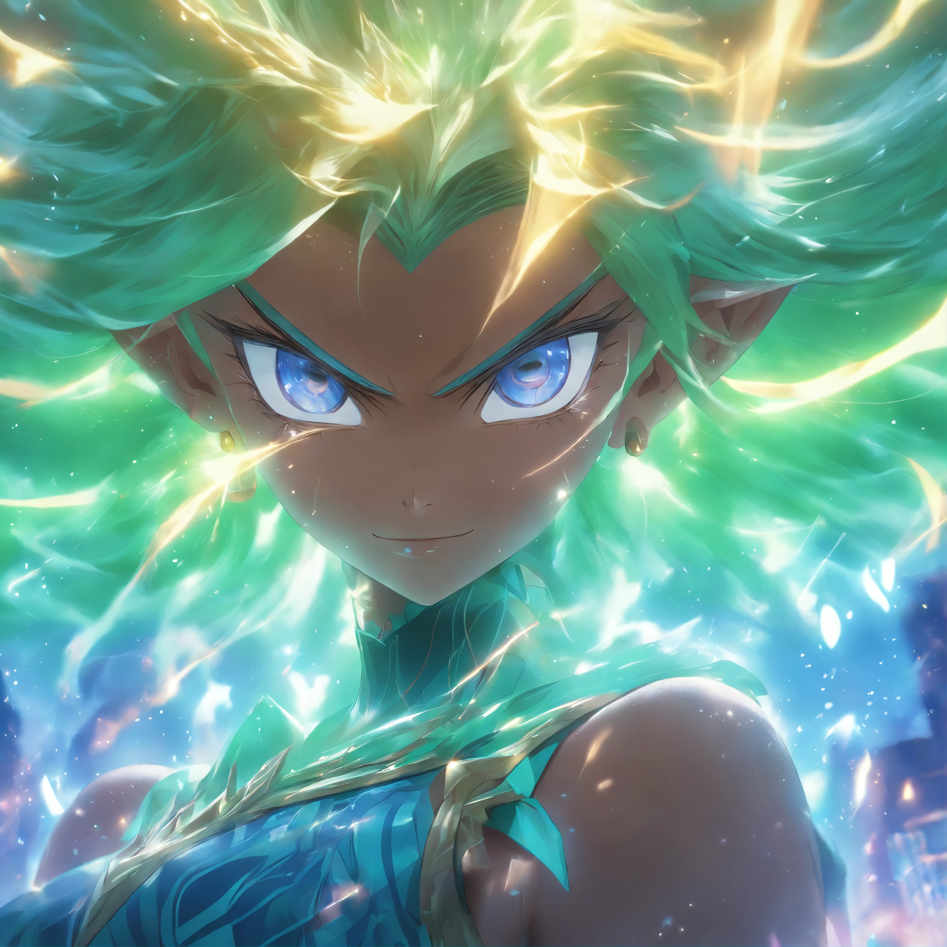 Dark Magician Girl、MKSKS style、1 persons、(highly detailed back ground:1.0)、(highly detailed back ground:1.0)、​masterpiece、top-quality、超A high resolution、8K、Full Shot、Rotate diagonally、Break HA、(1/2 pale green and 1/2 Golden brown hair)、BREAK、Detailed skin、glowy skin、(A detailed eye、Blue eyes、big eye:1.2)、Burning cheeks、(Smirk:1.3)、Large breasts、Break HA、(sports wear:1.6、Detailed clothing)、(Sky City:1.3、on clouds:1.1)、(Daytime:1.3)