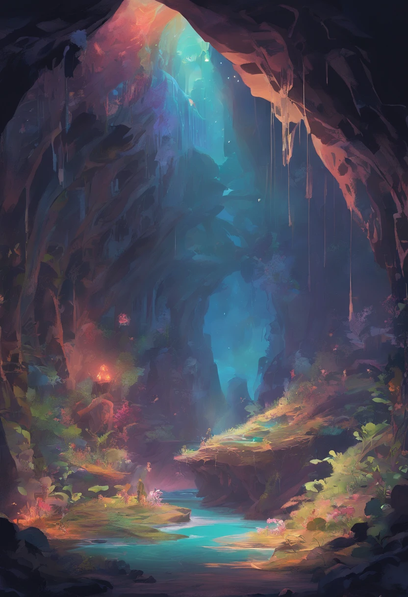 In a cave in outer space，Overgrown with colorful plants，There are inside the cave，A tree that grows like a mushroom，The top of the tree is covered with blue vines，move，with light glowing。At the mouth of the cave，There is a creature looking towards the cave，Deep in the cave floats white light tulle。