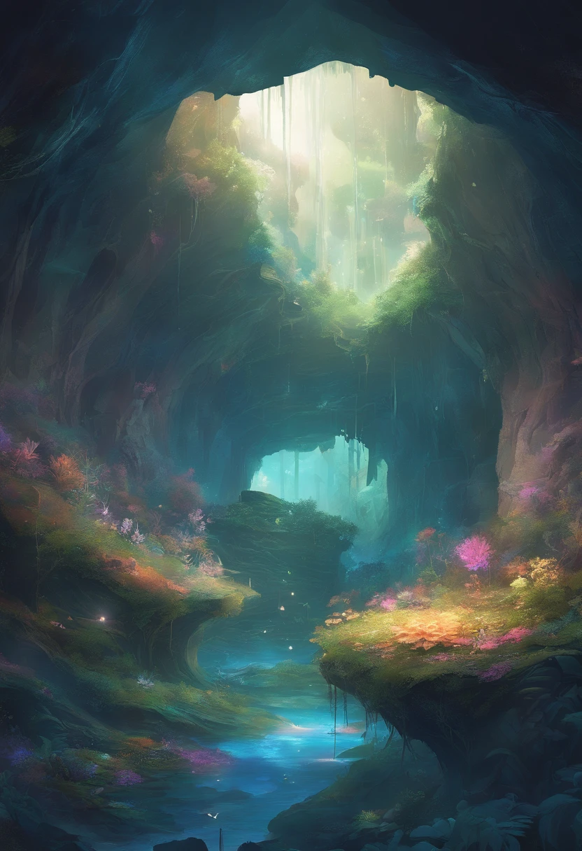 In a cave in outer space,Overgrown with colorful plants,There are inside the cave,A tree that grows like a mushroom,The top of the tree is covered with blue vines,move,with light glowing。At the mouth of the cave,There is a creature looking towards the cave,Deep in the cave floats white light tulle。