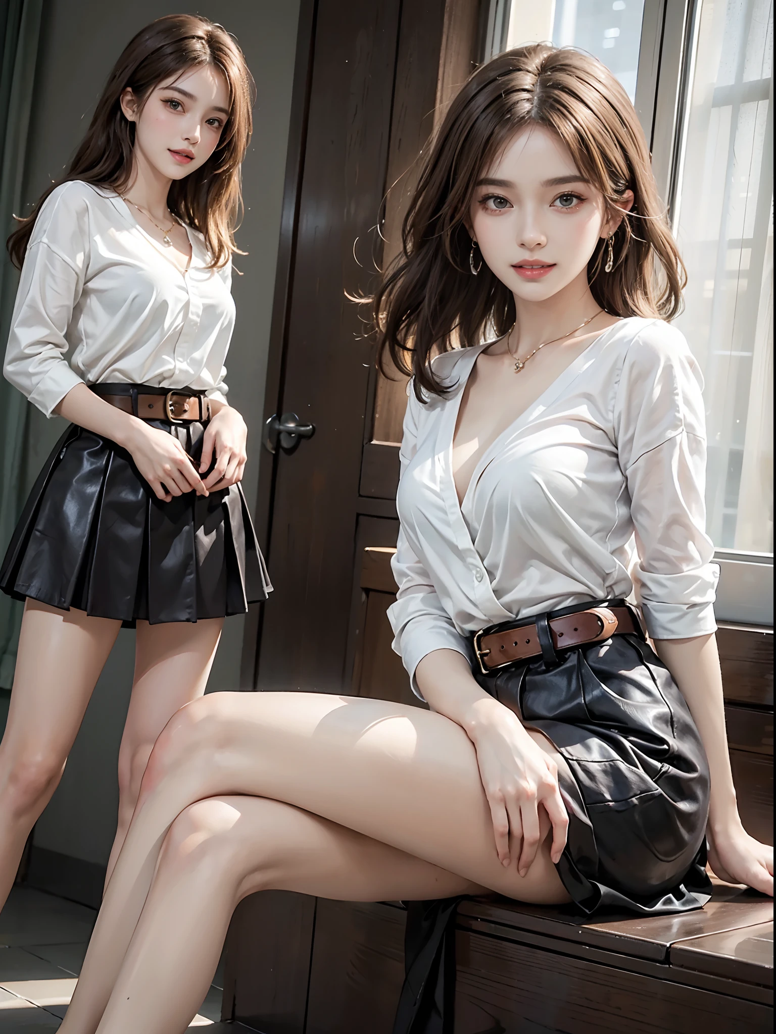 (​masterpiece:1.3), (8K, Photorealsitic, Raw photography, top-quality: 1.4), (1girl in), A pretty woman with perfect figure:1.4, cute  face, beautiful countenance, (Lifelike face), Beautiful hairstyle, realisticeyes, beautiful detail, (real looking skin), Beautiful skins, enticing, The ultra -The high-definition, A hyper-realistic, ighly detailed, (small tits:1.3), (cleavage of the breast:0.8)、White button-up shirt、a belt、Black leather tight skirt、Like Emily O'Hara Ratajkowski Japan, Semi-long curly hair、bangss、(Brown hair、small tits1.3)、(slim figure))、Kojiri、(small and beatiful model pose、is standing