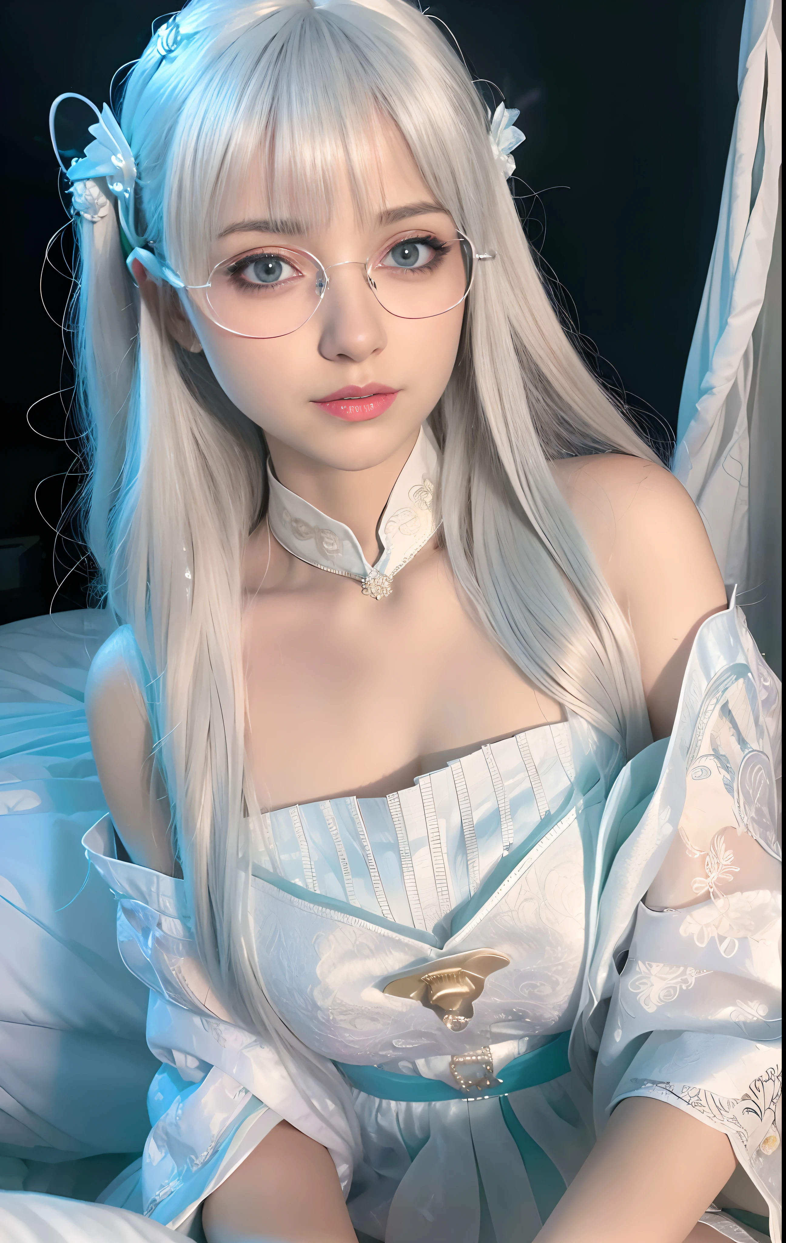 (RAW photo:1.2),((Photorealistic:1.4)),((full bodyesbian)),((background bedroom)),Best quality ,Masterpiece, An extremely delicate and beautiful, Extremely detailed ,CG ,Unity ,8K wallpaper, Amazing, finedetail, Masterpiece,Best quality,offcial art,Extremely detailed Cg Unity 8K wallpaper,absurderes, unbelievable Ridiculous, hugefilesize, Ultra-detailed, A high resolution, Extremely detailed,Beautiful detailed girl, Extremely detailed eyes and face, Beautiful detailed eyes,light in face,Cinematic lighting,1girll,Lantern light, Depth of field,((wearing white glasses))