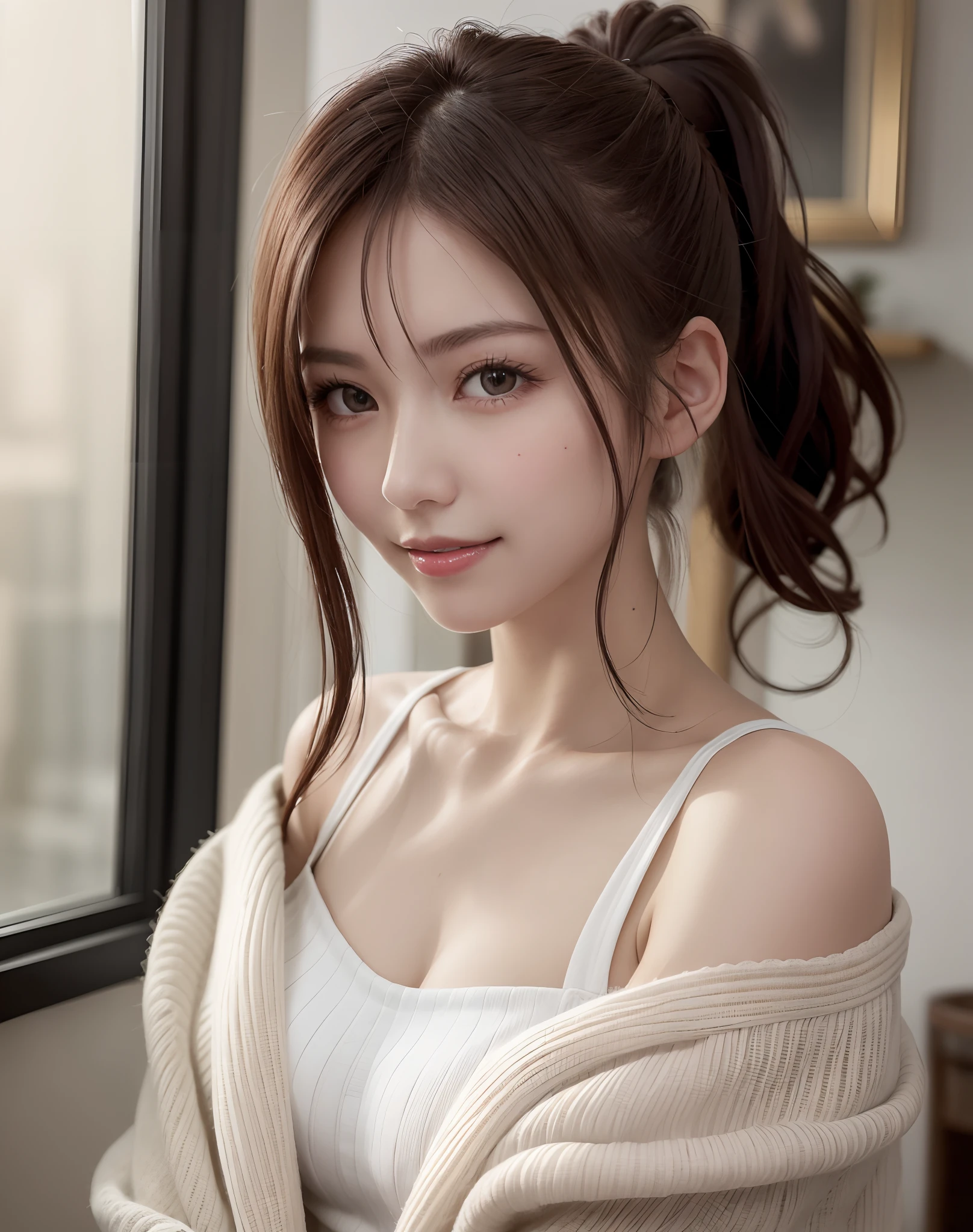 (Best Quality), (masutepiece), (High resolution), (Intricate details:0.2),(Professional Lighting), dressing gown, Detailed background,off shoulders, (Previous view), 1girl in, Solo, (Beautiful face), Slim body, Fine skin, Smile, brown hair in a ponytail, Beautiful eyes, look at at viewer,