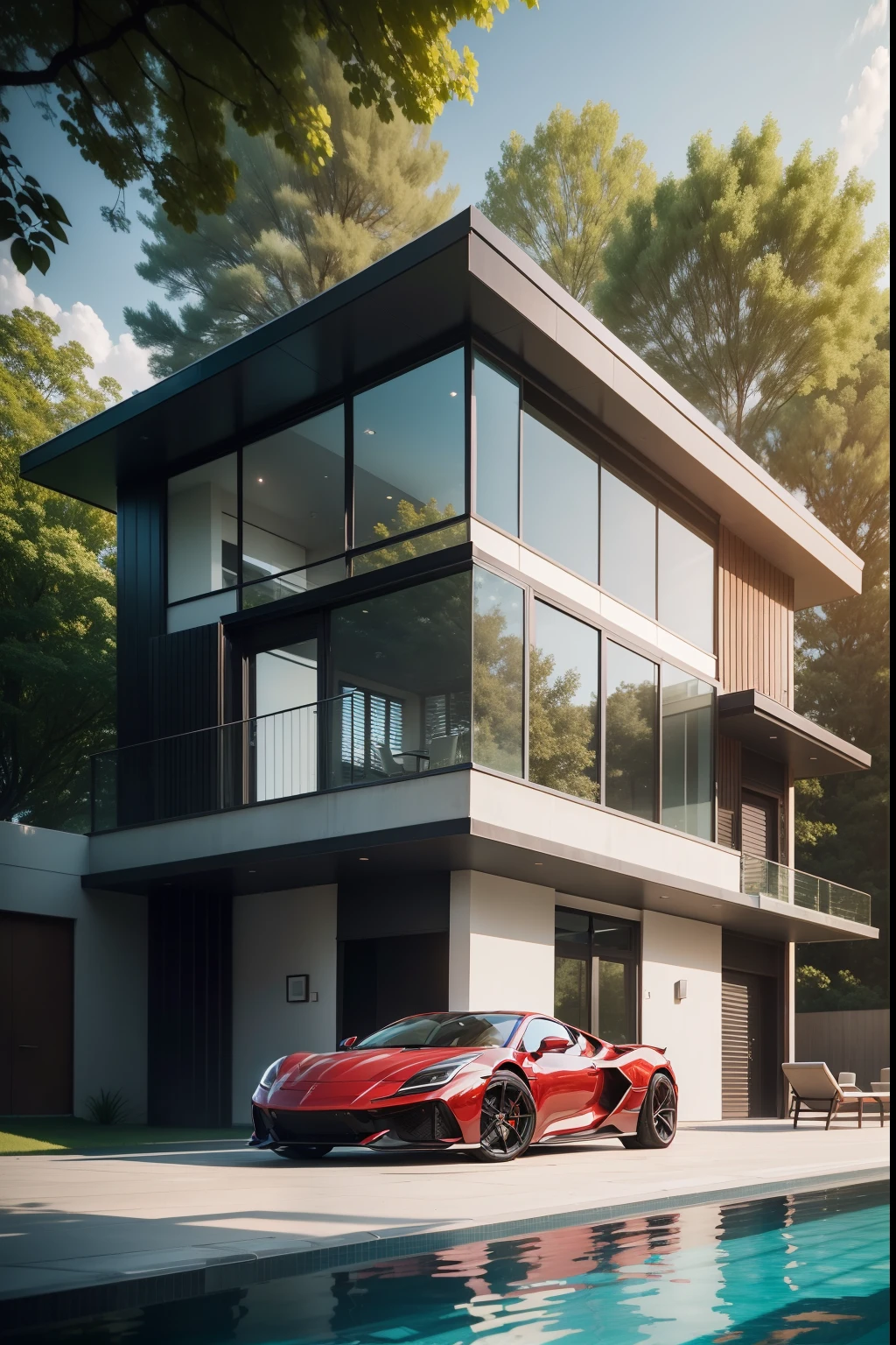2-storey house made of glass and steel, modern, luxurious, with green trees, swimming pool, red super car parked in front of the yard, super sharp image, 8k quality
