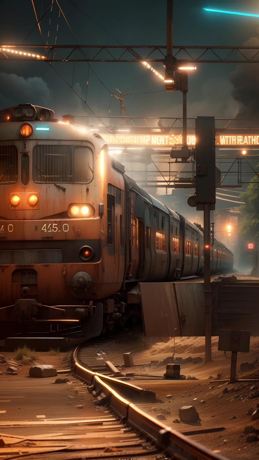 Oldest train 3d train rusted machanical transparent train cyber punk cinematic lighting blur colour effects