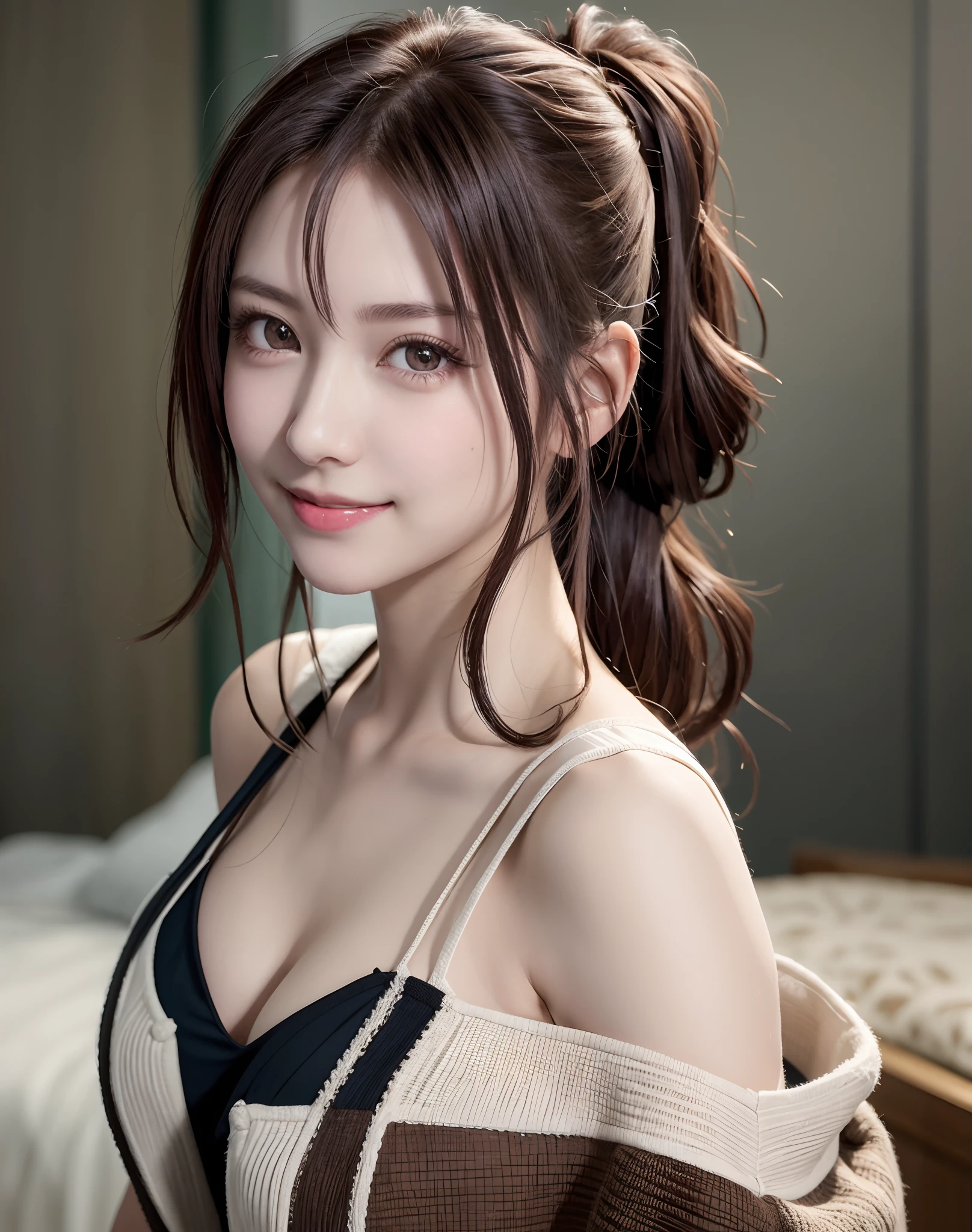 highest quality, masterpiece, Ultra-high resolution, (Realistic:1.4), (Close-up portrait) RAW Photos, 1 girl, 22 years old,Slender body,Large Breasts,((Wine red pajamas)),((Long pink hair with straight bangs)),((Looking up at the audience)), Realistic pictures, ((Small breasts)),((Smiling with teeth showing)),Cleavage, (((ponytail)))