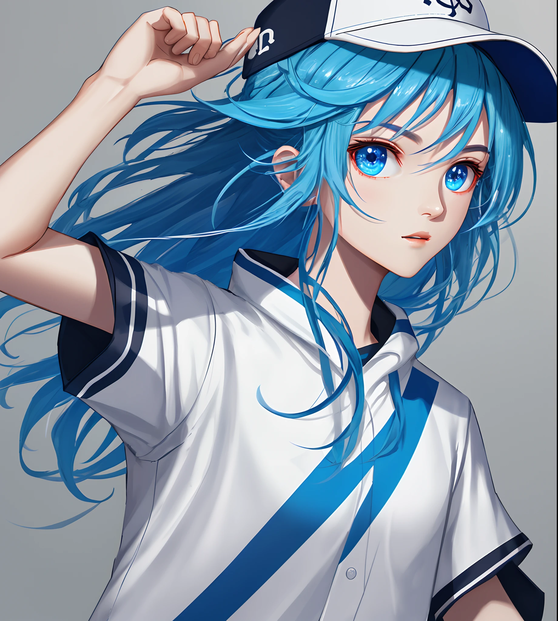 excellence，HighestQuali，Perfect details，Kizi，baseball cap，blue gradient hair。largeeyes ，long eyelasher，Minimalist avatar，ultra intricately detailed，hyper HD，super-fine，Ray tracing 8K，50，1/4 Perspectives，clean backdrop --s 2