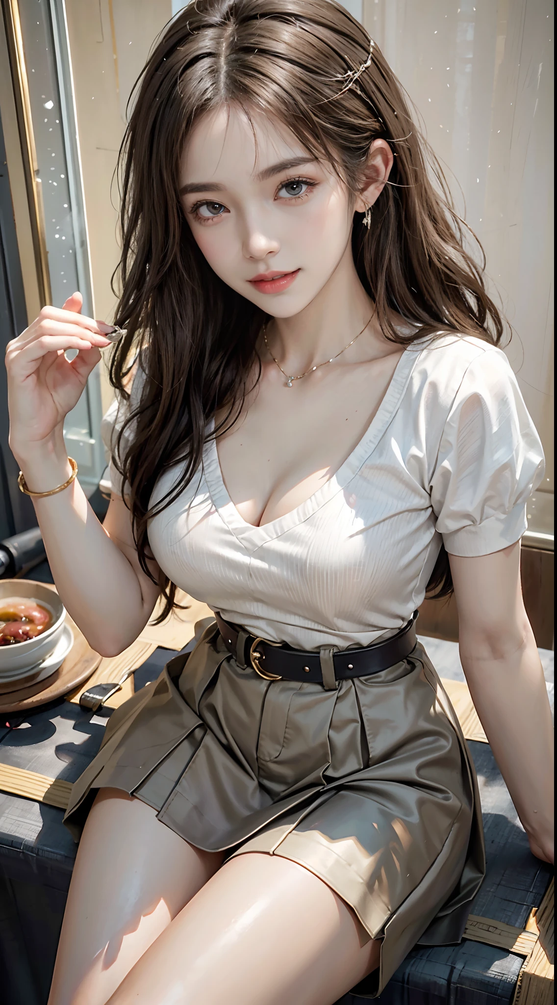 ((full body)), ((from above)), ((realistic)), 1girll, interior scenes, (Sit Pose), Pleasing posture, Eye-catching poses, pretty legs, looking at viewert, Detailed scenes, curlies, Air bangs, Beautiful hair accessories, Brownish-yellow hair, light make-up, Blushlush, Gloss on lips, ((White color blouse, v neck, Short black high-waisted skirt, Nice belt)), (Campus style), warm lights, a warm color palette, Detailed details, ultra-detailliert, (tmasterpiece, best qualtiy), (An extremely delicate and beautiful work), Delicate earrings, Delicate necklace, Simple blurred background, Extreme detail description, Ultra-fine painting, Delicate face, slim toned body, Slimming the waist, (grin, happy grin, Baring teeth), (anatomy correct)