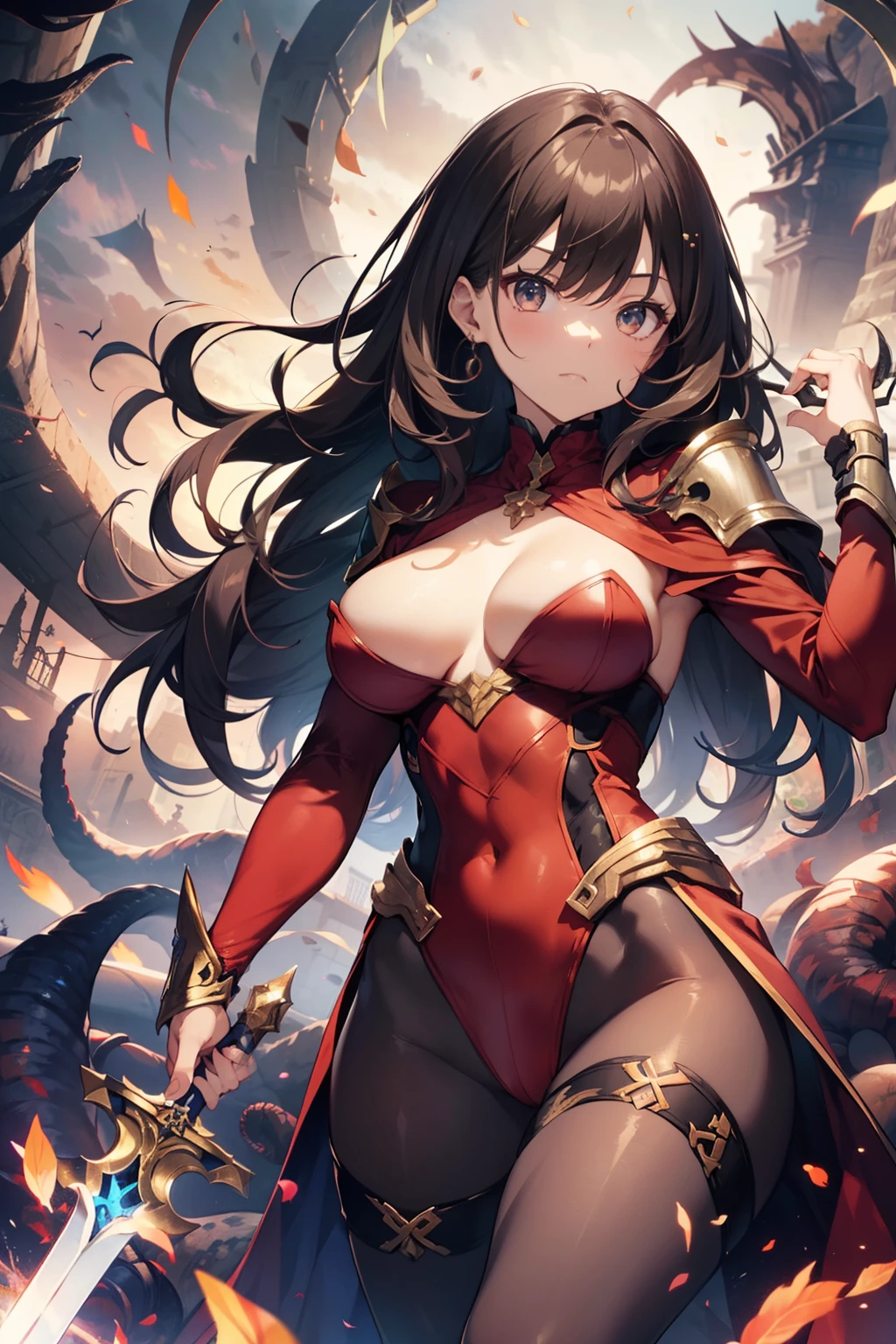top-quality、Full limbs、complete fingers、Slender beauty、straight haired、Brown hair、(Red High Neck Long Sleeve Leotard:1.5)、Gold patterned leotard、(Brown pantyhose:1.3)、red cloak、Western armor、Iron breastplate、Iron shoulder rest、Iron Gauntlet、Iron shin pad、Beautiful Large Breasts、Walking、caves、(A beautiful woman is surrounded by countless tentacles:1.3)、Holding a sword、Slash tentacles with a sword while running、Fighting tentacles、Serious face