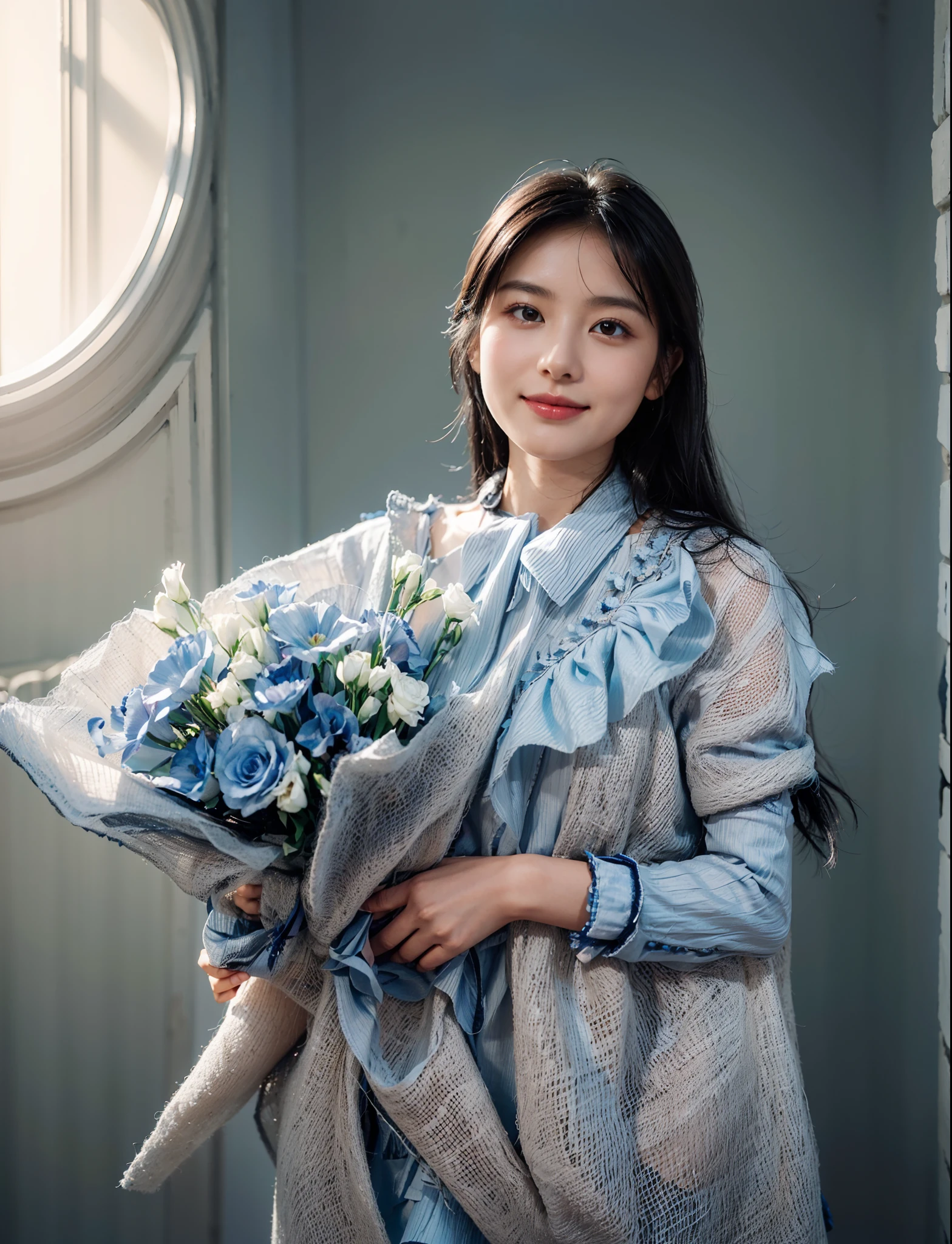 beuaty girl,Long black hair,Delicate and delicate face,light  smile,Holding a very beautiful bouquet of light blue flowers,Perfect hands,solid color simple background,Soft lighting,contrast of light and shadow,rendering by octane,