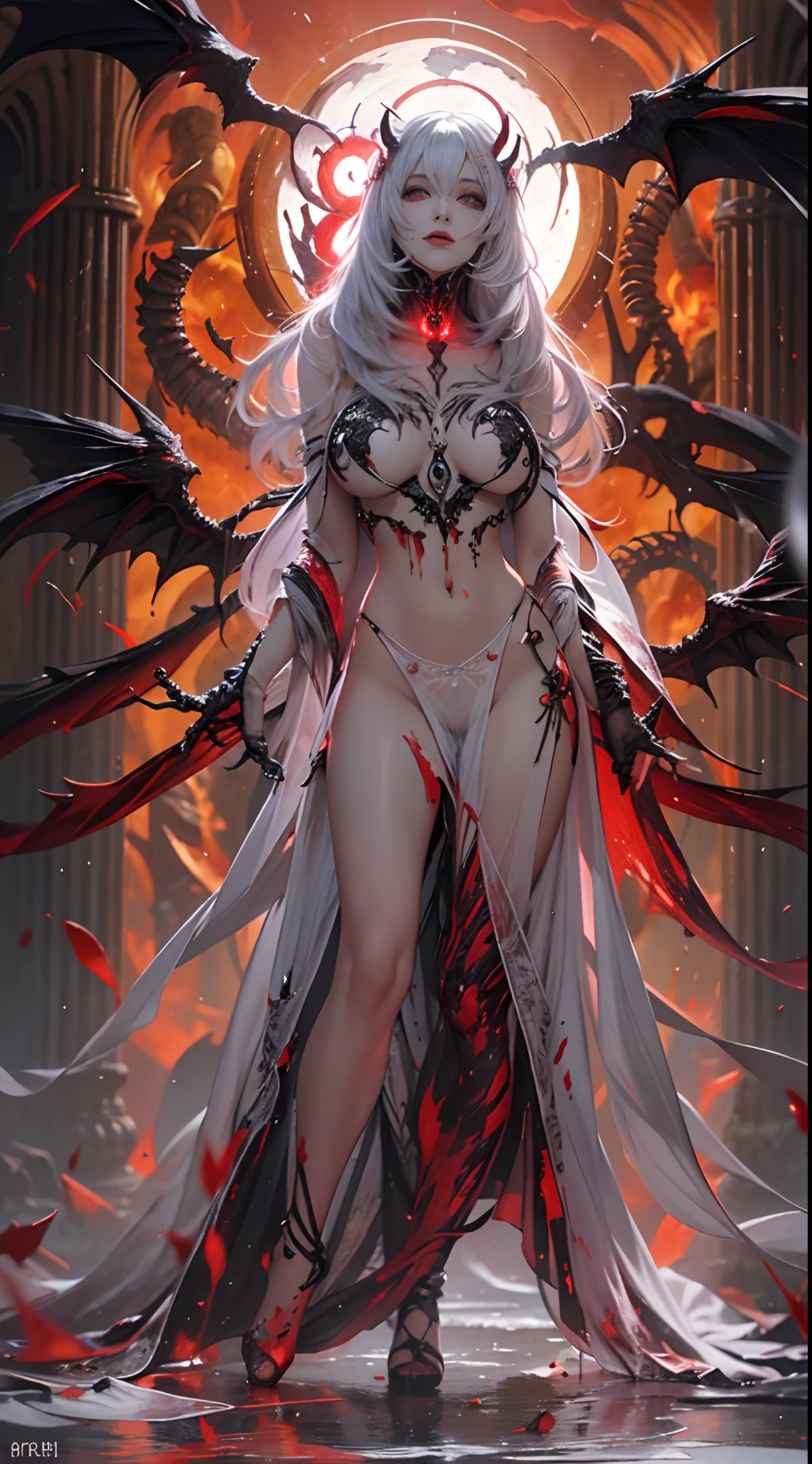 Simple dark magic background , horror scene , Beautiful female devil , Red magic glowing eyes , The magical red glowing orb is held in both hands at the same time , The female demon stared at the sphere , Black big wings , hyperdetailed face , (Ultra detailed scene) , (Ultra-fine balls) , (ultra beautiful face) , (ultra detailed hands) , (Ultra-delicate wing) Blood splattered on the body, Pale face , Crimson lips , Black underwear , xenomorph body , Red magic around her , Magic spinning, ,Camel toes,Thin gaps