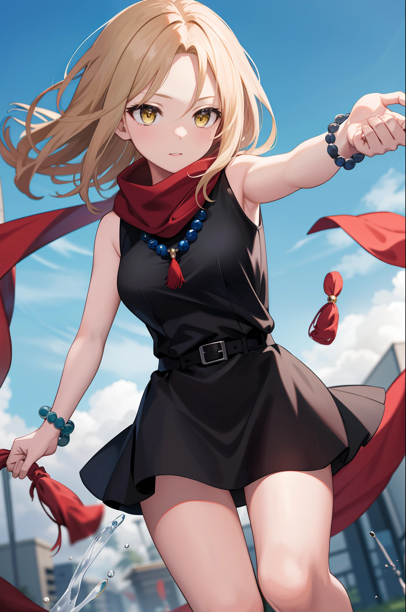 Masterpiece, Best quality, A high resolution, Kaa, Yellow eyes, Black dress, bead necklace, Sleeveless, Bracelet, Red scarf, Field, reaching out, Thighs, Breasts，lifting up skirt，Exposing female genital organs，Climax，White liquid