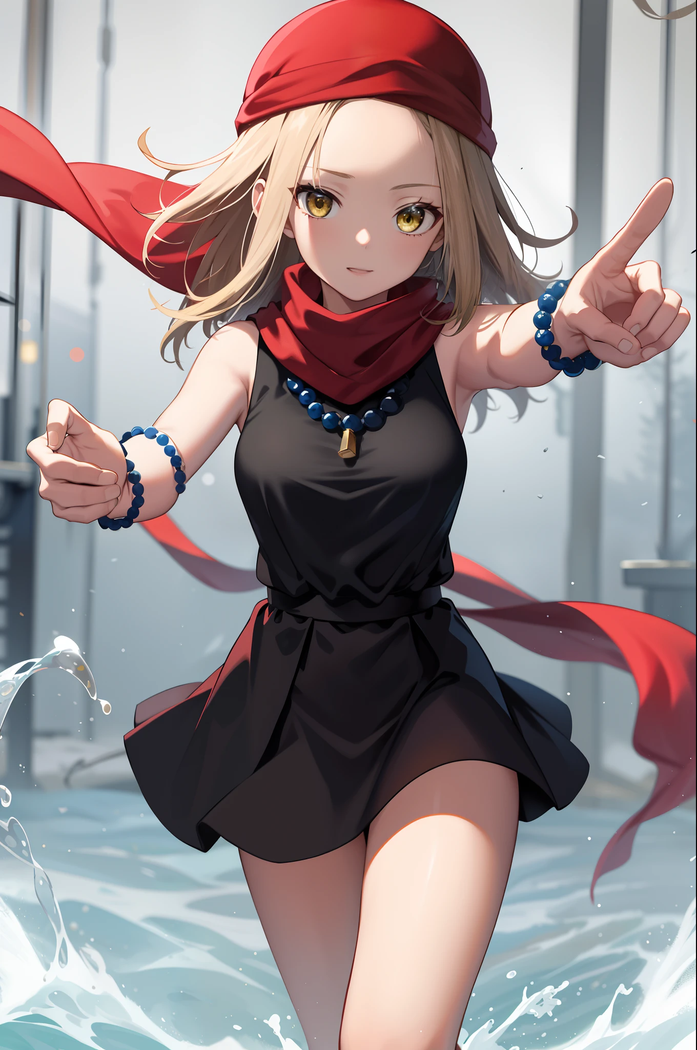 Masterpiece, Best quality, A high resolution, Kaa, Yellow eyes, Black dress, bead necklace, Sleeveless, Bracelet, Red scarf, Field, reaching out, Thighs, Breasts,lifting up skirt,Exposing female genital organs,Climax,White liquid