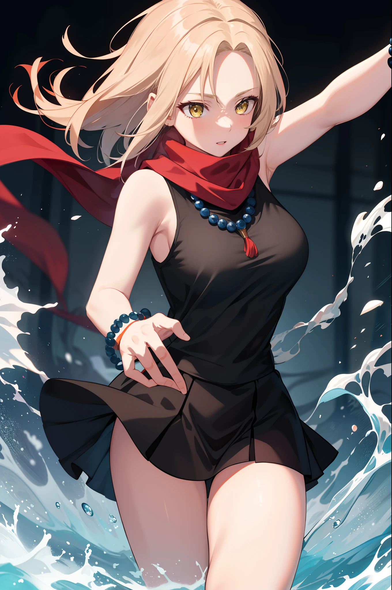 Masterpiece, Best quality, A high resolution, Kaa, Yellow eyes, Black dress, bead necklace, Sleeveless, Bracelet, Red scarf, Field, reaching out, Thighs, Breasts，lifting up skirt，Exposing female genital organs，Climax，White liquid