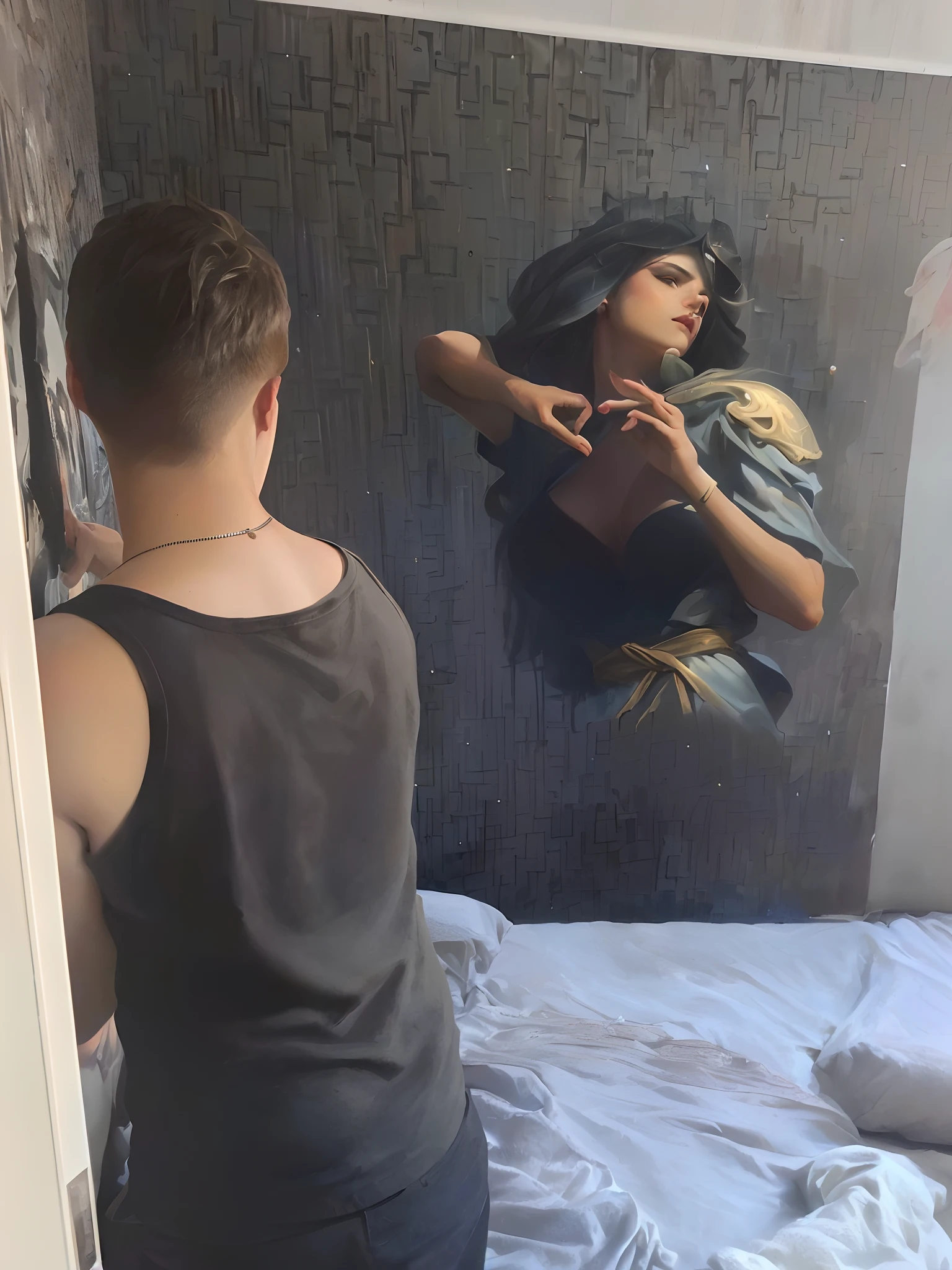 There is a man standing in front of a painting of a woman, Malerei wird zum Leben erweckt, Hyperrealismus-Kunststil, Hyperreale Acrylmalerei, Hyperreale Malerei, later confirm hyperrealism, auf eine riesige Wand gemalt, a hyper-realistic painting, hypperrealistische Malerei, Boris Vallejo und Tom Bagshaw, Detailed Realism Painting, Hyperrealismus gemischt mit 2D, surreal realistisch