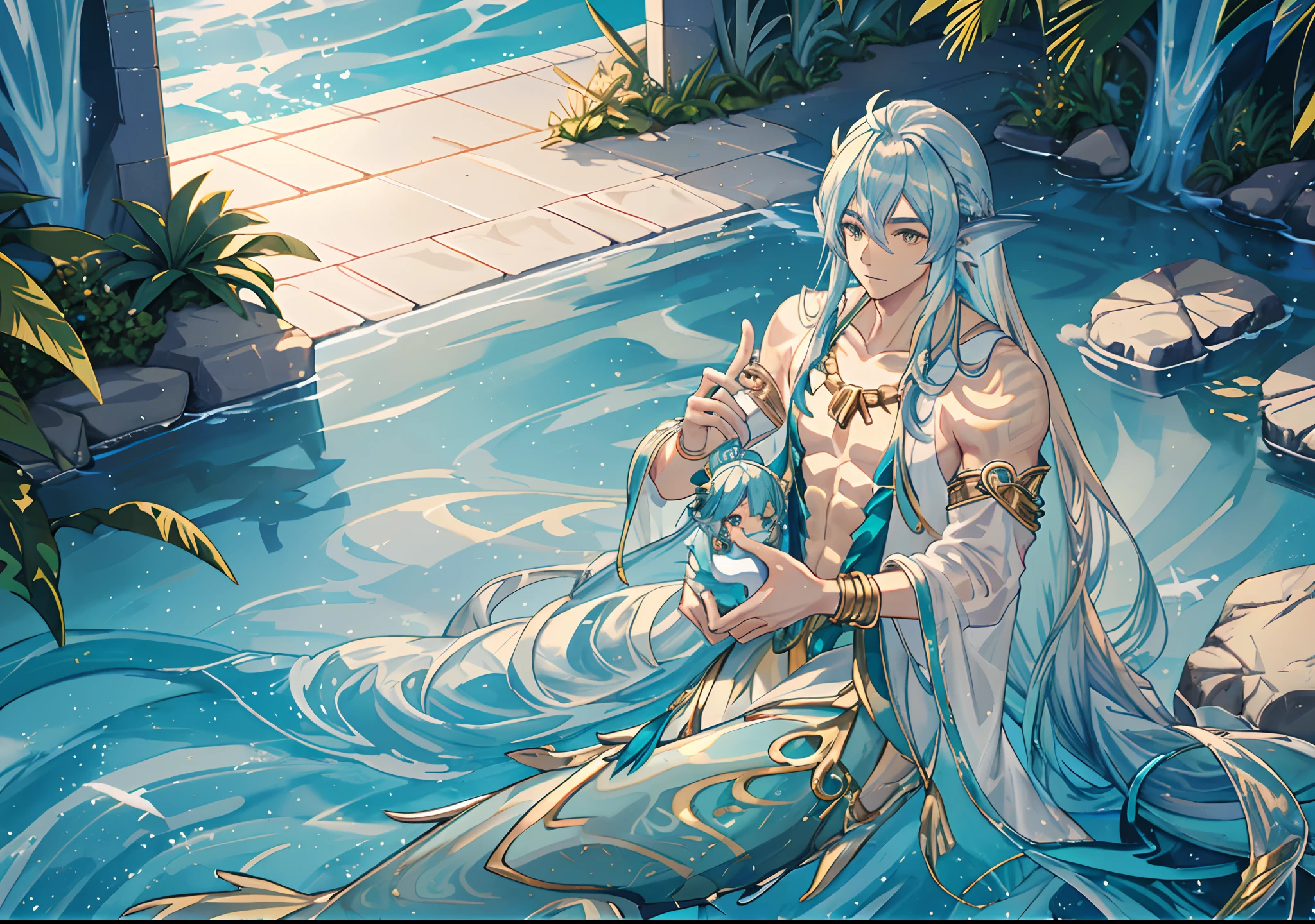 A mature male Chinese merman is depicted in anime style, with beautiful big aqua ear fin, aqua fins attached on hands, long golden fish tail, golden eyes, silver hair, long silver hair, holding a big golden triton, wearing a golden crown with shining jewelry, water splashing background, he is a merman not a human,1boy,male,golden mermaid