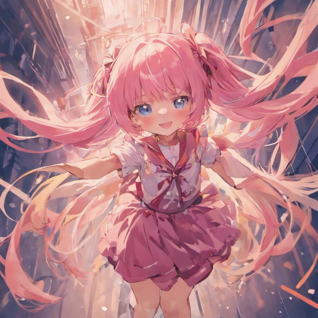 1 , long pink hair, tied on both sides, blue eyes, cute outfit, lively, cute smile