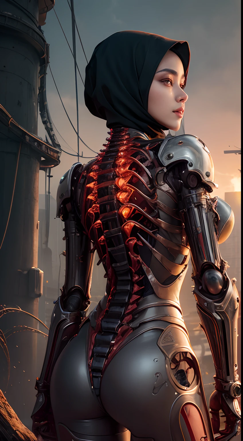 (((Masterpiece))), ((Best Quality)), (Super Detail), (CG Illustration), (Very Evil and Beautiful)), Cinematic Light, ((1 Mechanical malay Girl in hijab)), Single, (Mechanical Art: 1.4), ((Mechanical limb)), (Blood vessel attached to a tube), ((Mechanical spine attached to the back)), ((Mechanical cervical vertebrae attached to the neck), (Back to the viewer)), expressionless, ( Wires and cables attached to the head and body: 1.5), Science Fiction, Apocalypse, Ruins, (Lower Body Integrated with Mechanical Devices), (Blood: 1.5), Cruelty, Absurdity, Eroticism, Fusion with Machines, Doomsday Time, Super Future, Inorganic, Laboratory, Restraint, (Beautiful Indulgence: 1.2), (1 Girl: 1.3), Body Wrapped Around Mechanical Tentacles